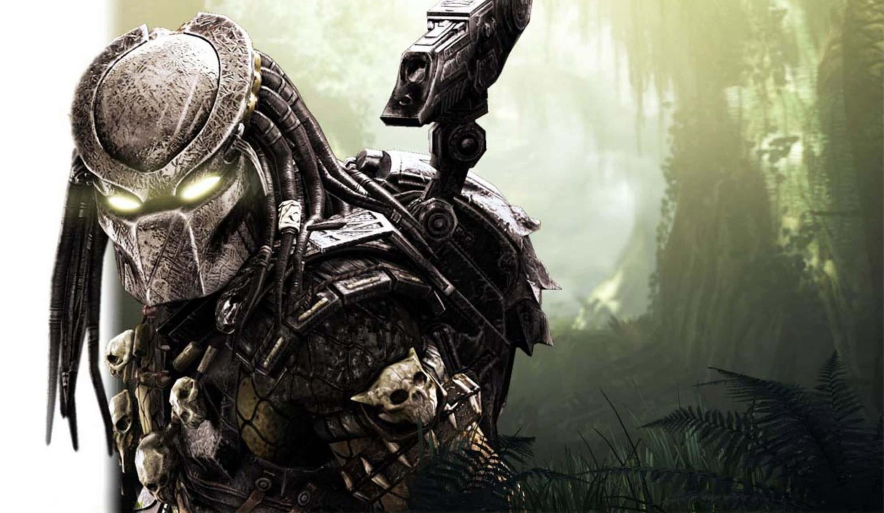 Alien Vs Predator 桌布 壁紙 — 一個帶有發光眼睛和骷髏裝飾盔甲的威脅性掠食者戰士，站在迷霧叢林中，舉起武器。