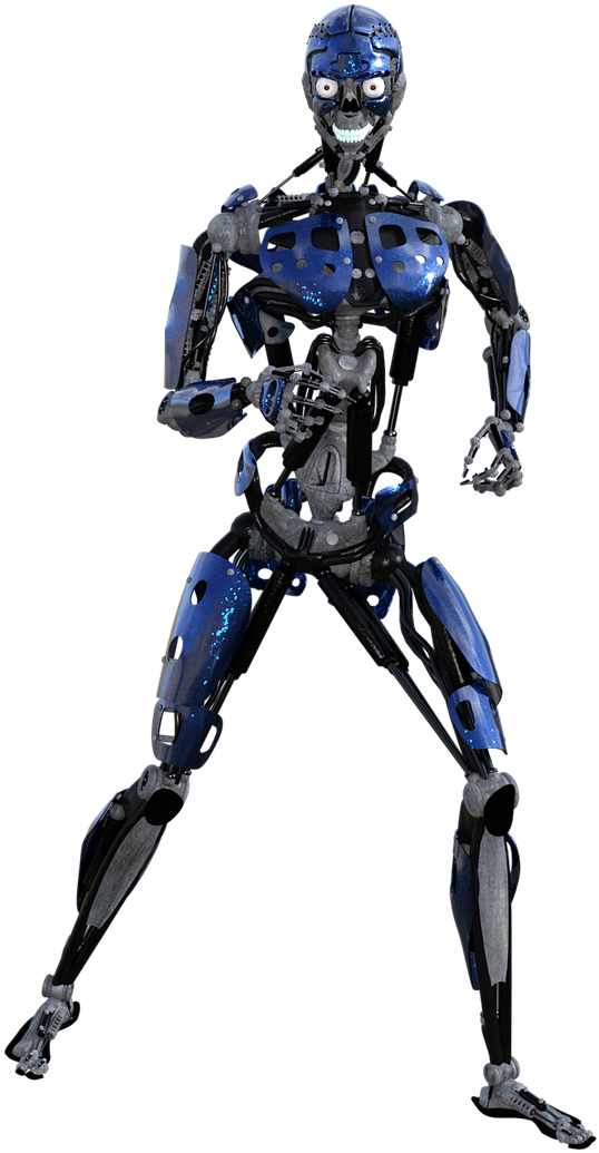 Robotics 桌布 壁紙 — 一個帶有發光眼睛和骷髏頭的威脅性藍銀色機器人以動態姿勢站在黑色背景前。