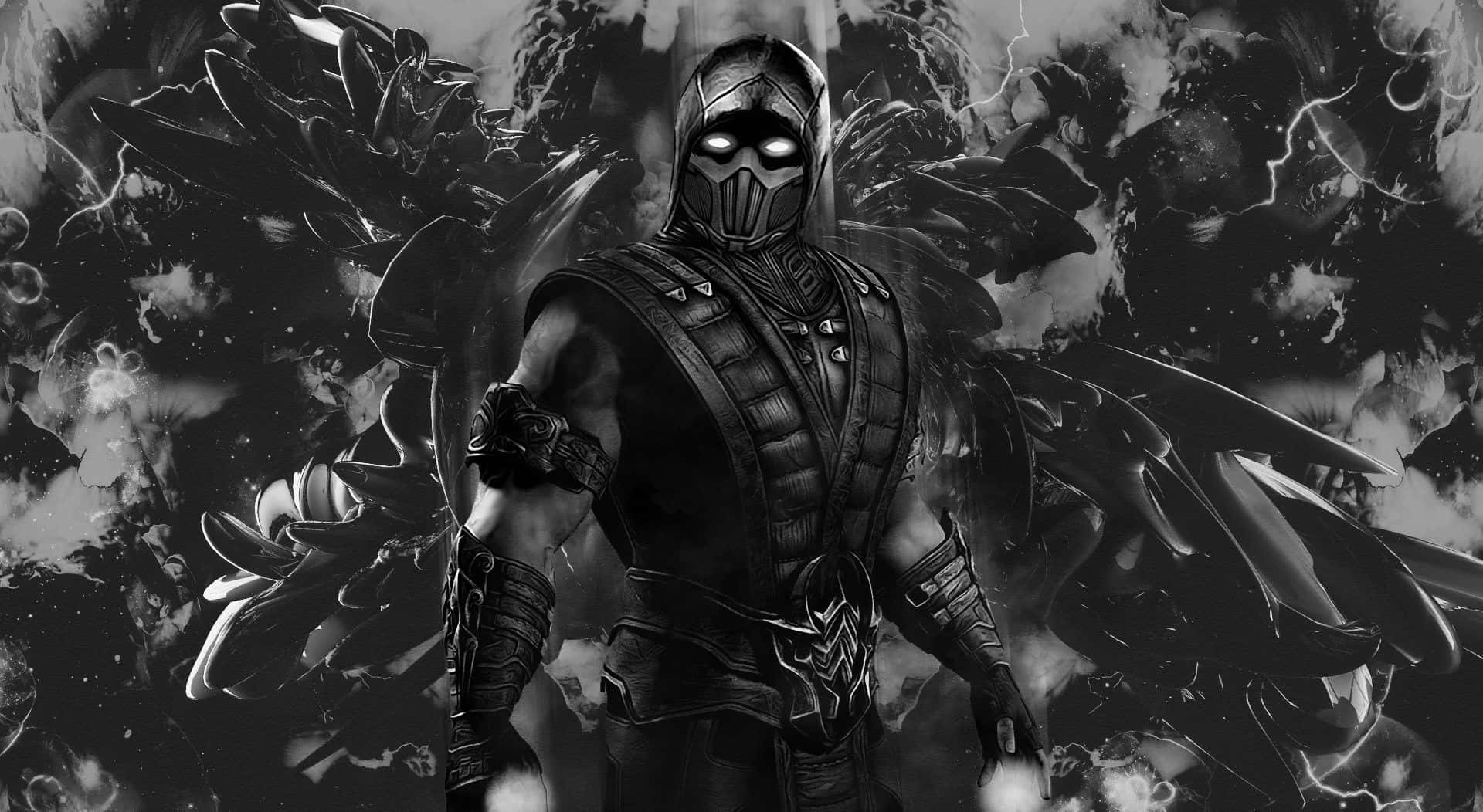 Mortal Kombat Noob Saibot 桌布 壁紙 — 一個帶有發光眼睛和黑色翅膀的威脅性蒙面戰士，站在充滿旋轉煙霧和閃電的風暴單色背景前。