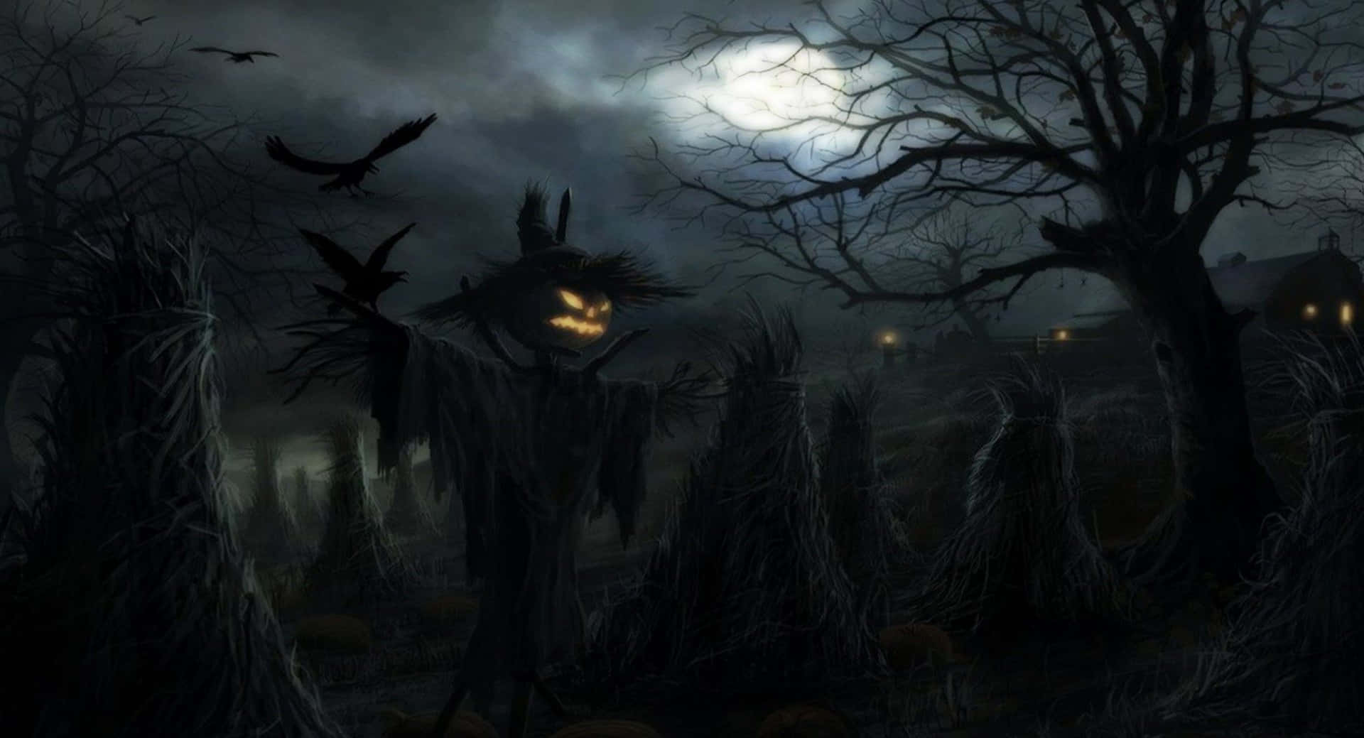 Cool Scary 桌布 壁紙 — 一個帶有發光眼睛的可怕稻草人站在霧氣瀰漫的月光田野中，周圍是光禿禿的樹木和飛翔的烏鴉。