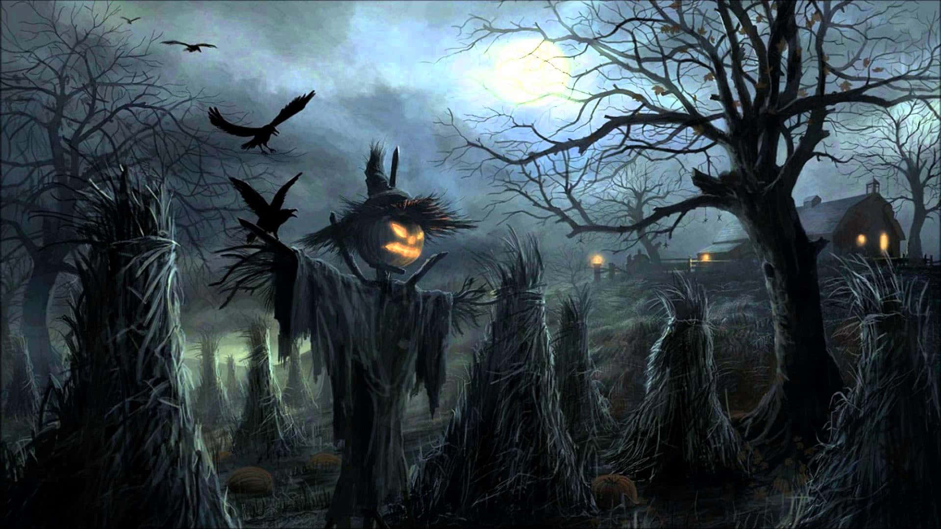 詭異的GIF 桌布 壁紙 — 一個帶有發光眼睛的可怕稻草人站在霧氣瀰漫的墓地中，滿月下烏鴉在頭頂飛翔。