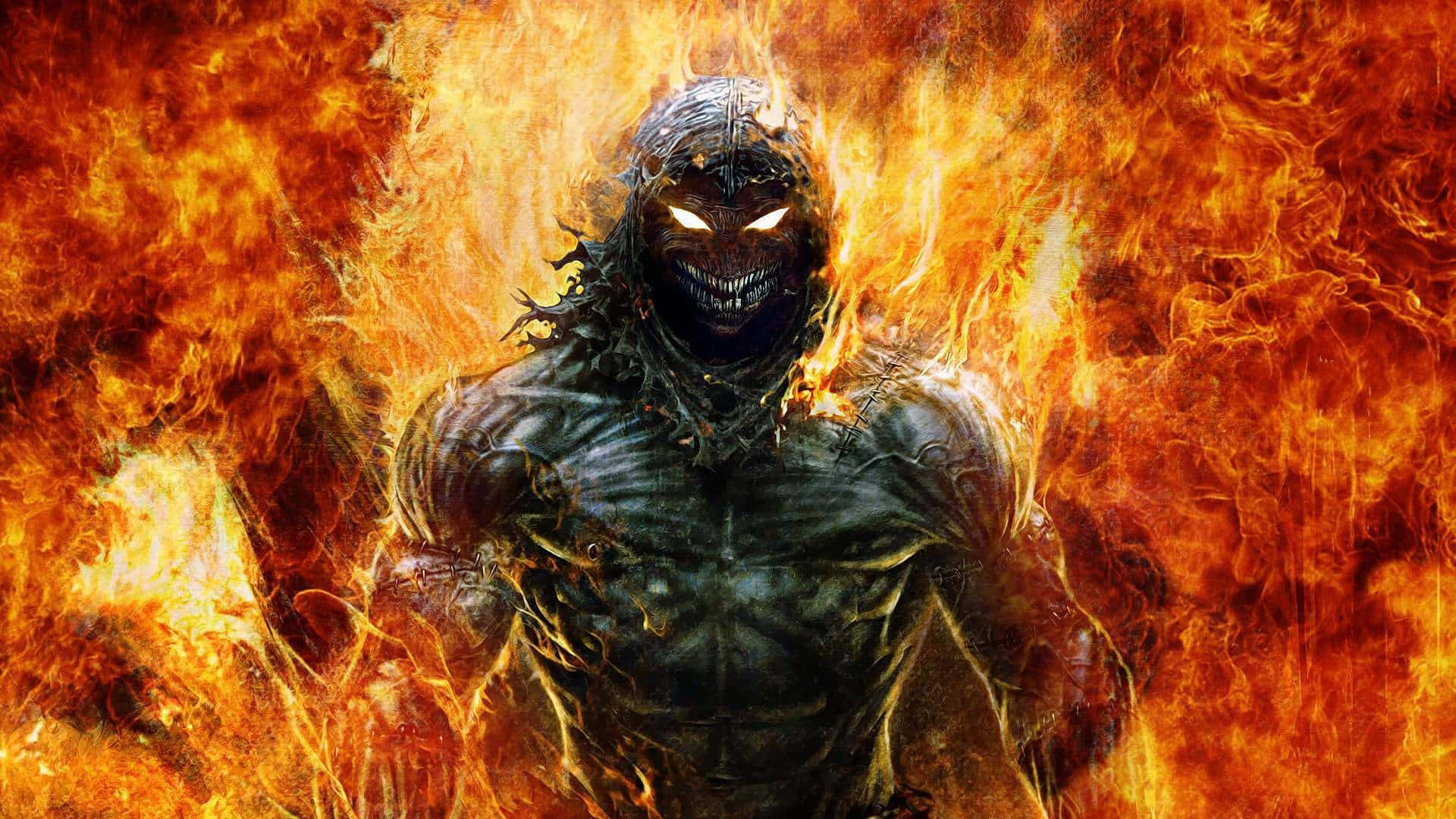 Hell 桌布 壁紙 — 一個帶有發光眼睛的可怕裝甲巨人從咆哮的火焰中出現，在熾熱的末日場景中。