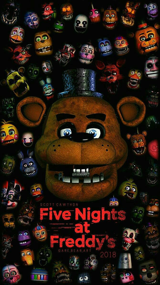佛萊迪餐館之五夜驚魂 桌布 壁紙 — 一個帶有發光眼睛的威脅性Freddy Fazbear木偶，主宰著充滿數十個扭曲的電子動畫面孔的黑暗背景。