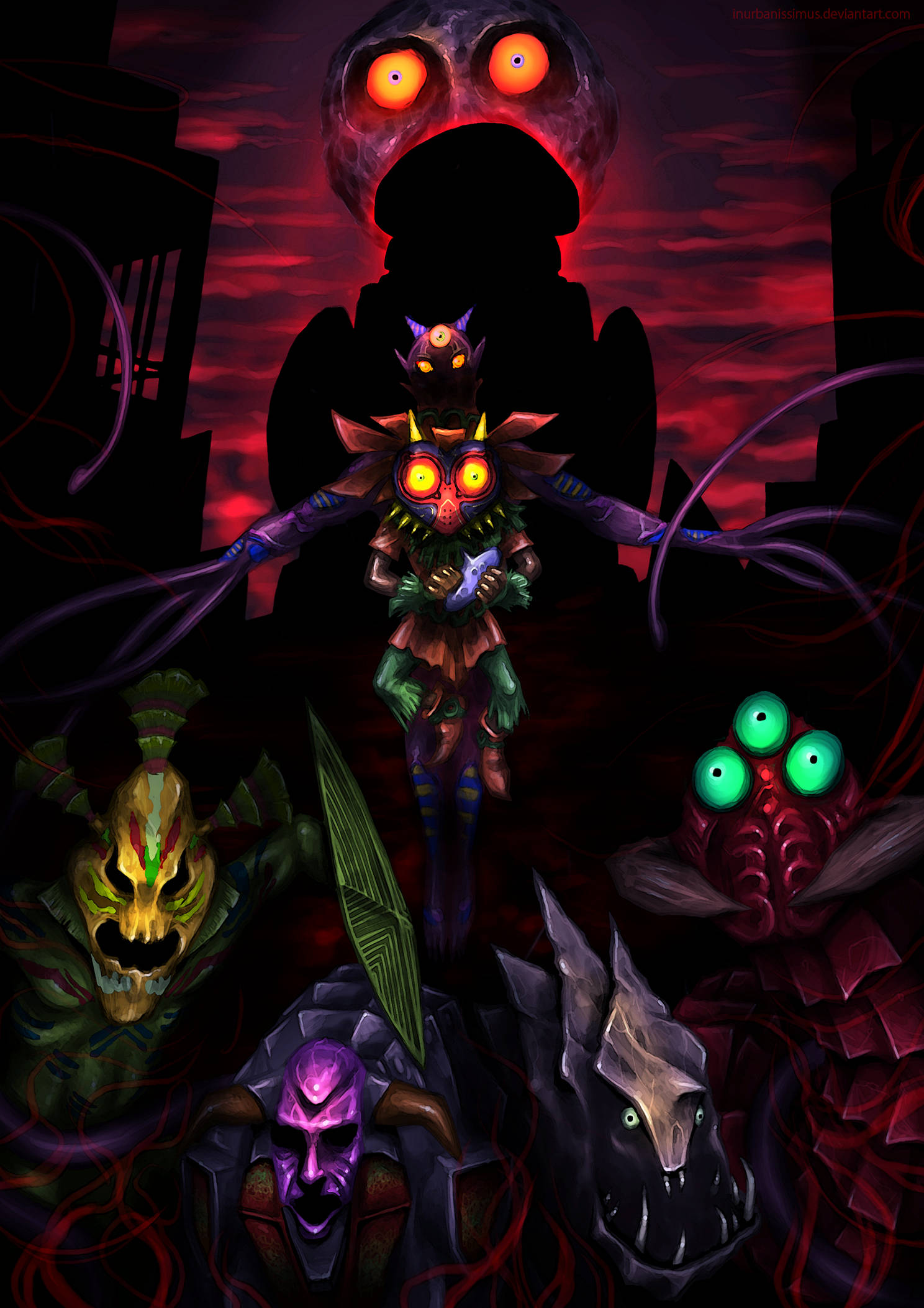 Majora's Mask 桌布 壁紙 — 一個帶有發光眼睛的威脅性奇幻生物站在一個巨大的陰影人物面前，背景是血紅色的天空。