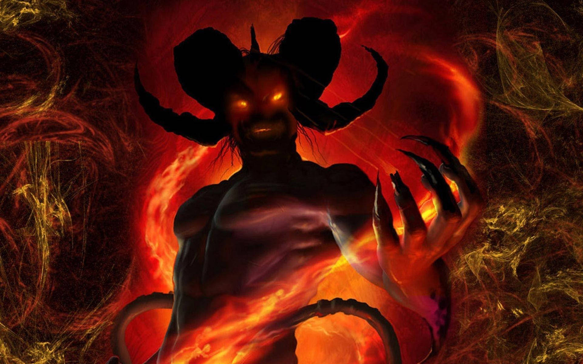 惡魔 桌布 壁紙 — 一個帶有發光眼睛的威脅性惡魔從旋轉的火焰中出現，背景是黑暗的火海。