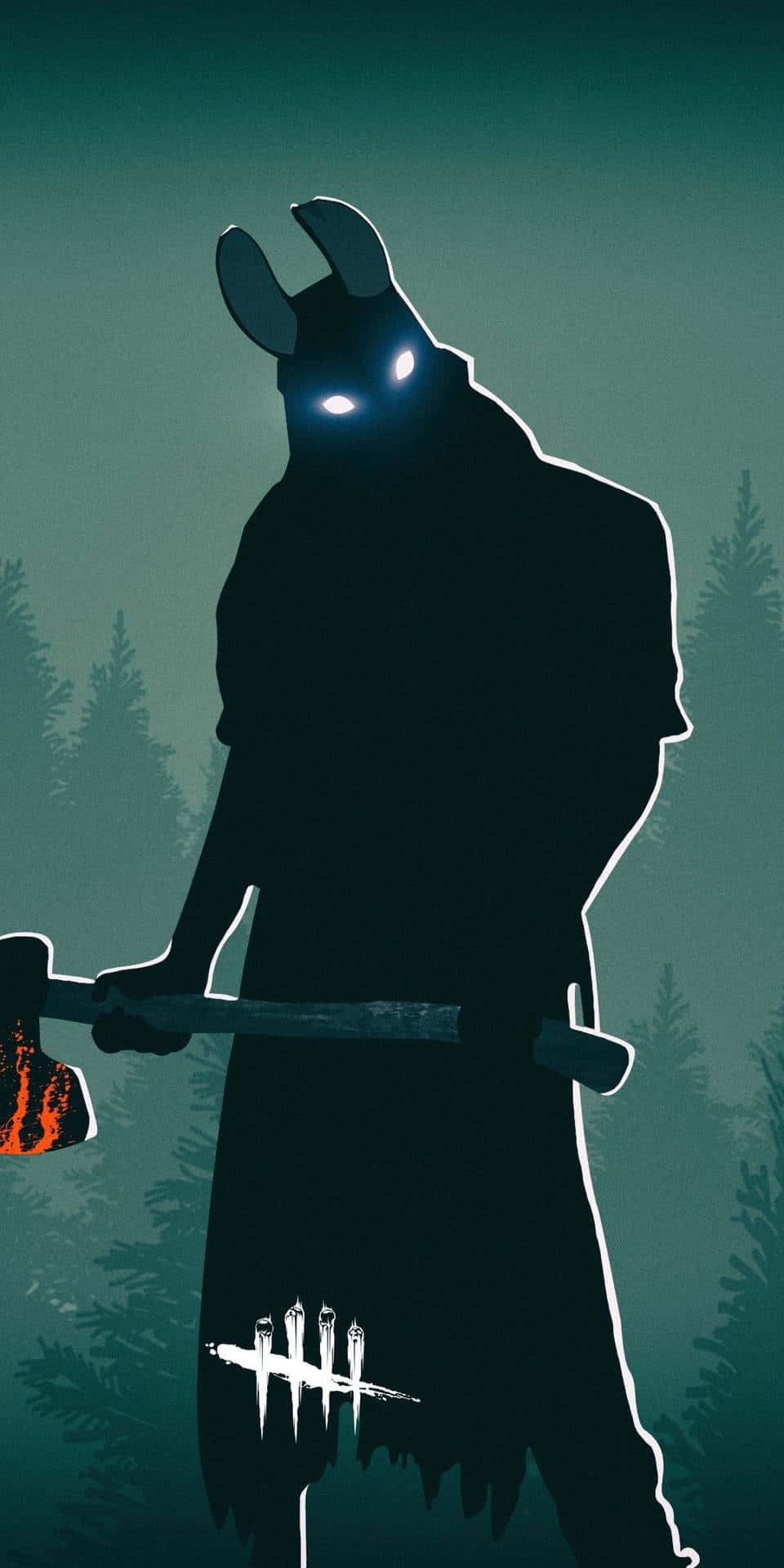 Dead By Daylight Killers 桌布 壁紙 — 一個帶有發光眼睛的威脅性有角人物在夜間霧氣瀰漫的森林中揮舞著火焰斧頭。