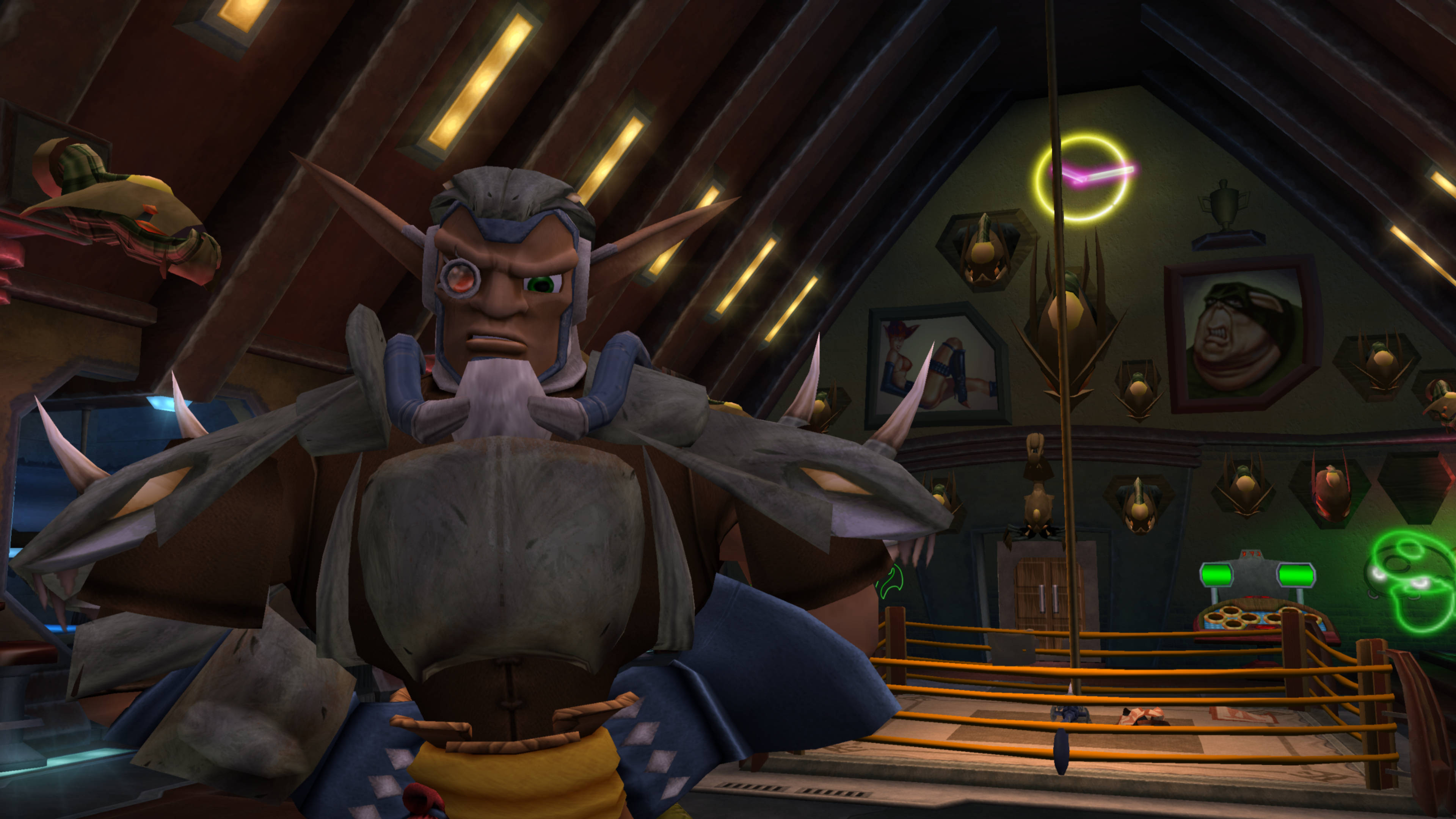 Jak 3 桌布 壁紙 — 一個帶有發光眼睛的威脅性有角外星人站在一個充滿獎盃和霓虹燈的雜亂閣樓中。