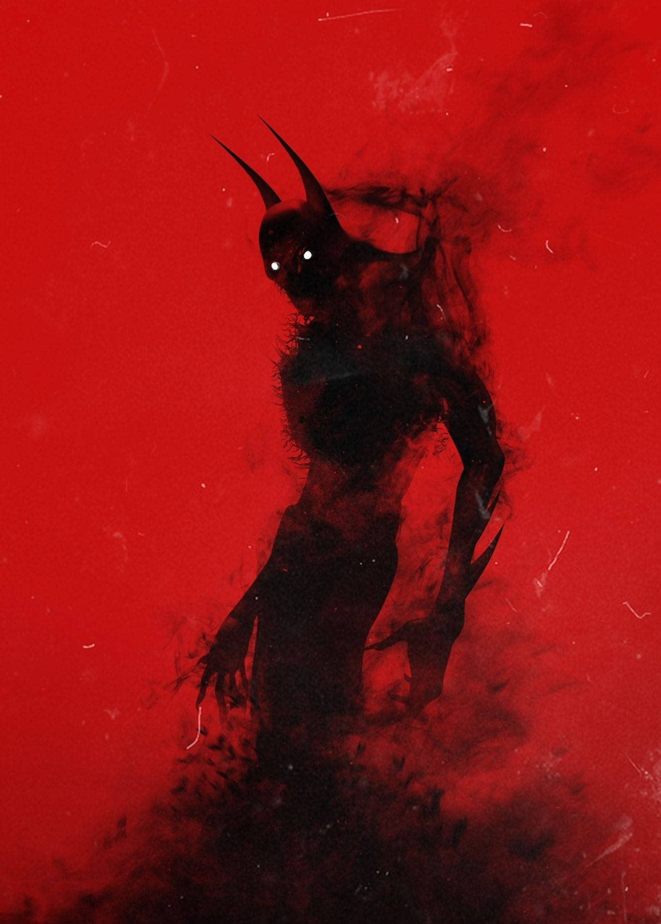 Red Death 桌布 壁紙 — 一個帶有發光眼睛的威脅性有角惡魔剪影從旋轉的黑暗煙霧中浮現，背景是鮮明的血紅色。