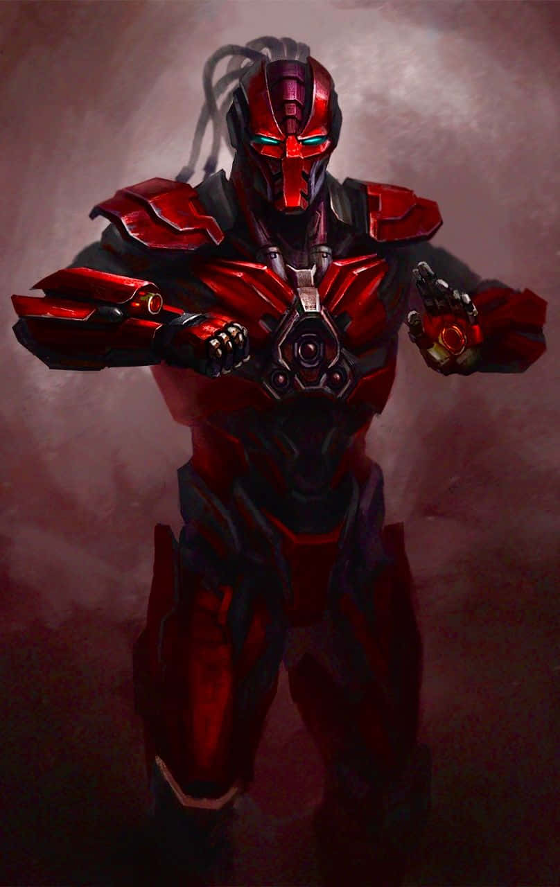 Mortal Kombat Sektor 桌布 壁紙 — 一個帶有發光眼睛的威脅性紅色裝甲戰士站在煙霧瀰漫、光線昏暗的環境中。