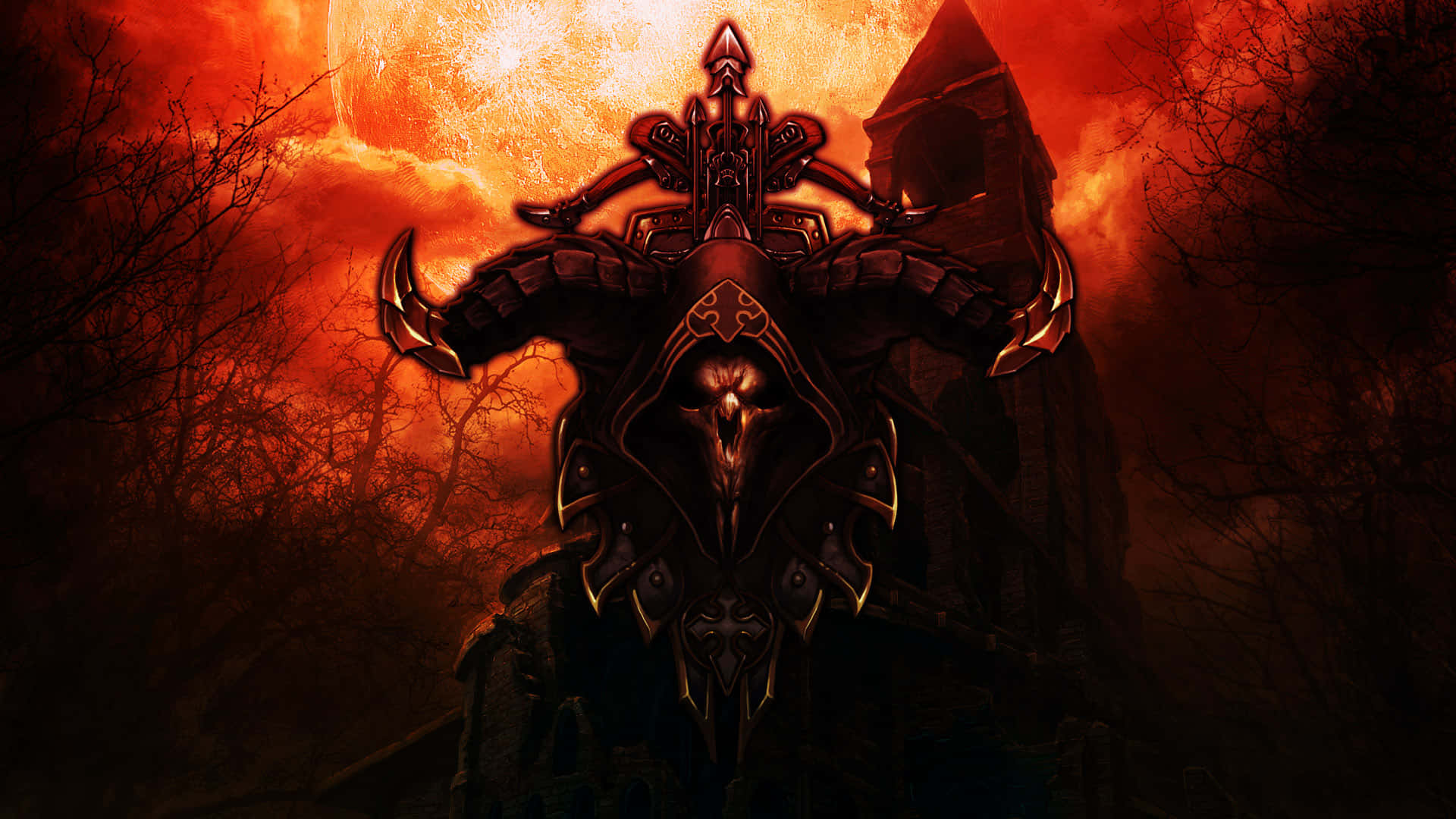 Demon Hunting 桌布 壁紙 — 一個帶有發光眼睛的威脅性裝甲人物站在燃燒的橙色天空和骷髏般的樹木前。