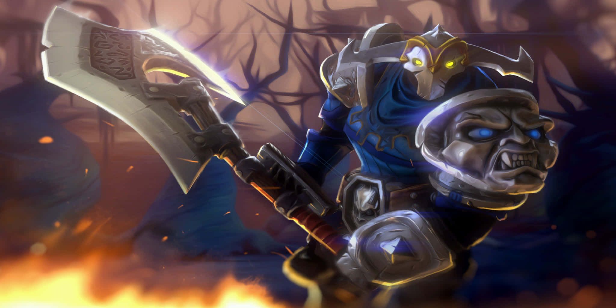 Dota 2 Sven 桌布 壁紙 — 一個帶有發光眼睛的威脅性裝甲戰士，在熊熊火焰和黑暗扭曲的樹木中揮舞著一把巨大的發光斧頭。
