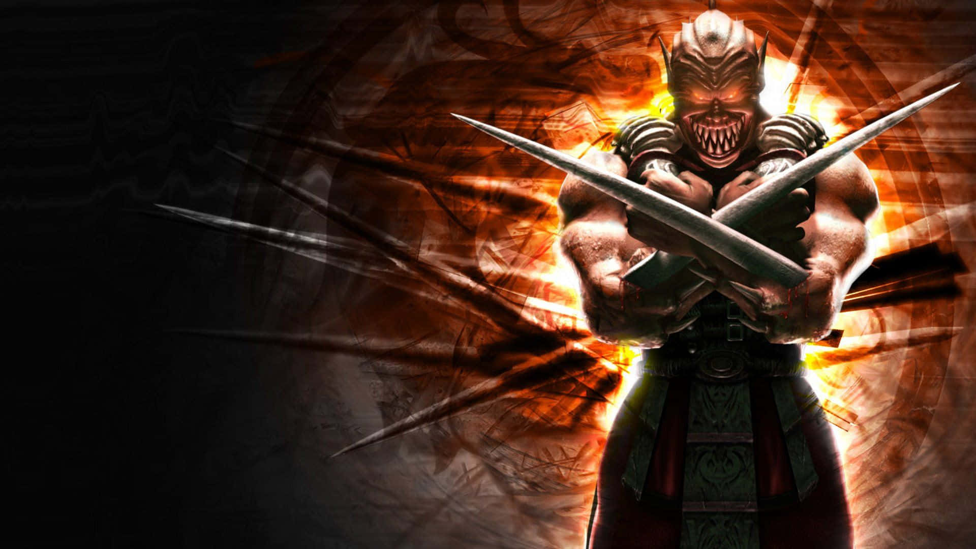 Mortal Kombat Baraka 桌布 壁紙 — 一個帶有發光眼睛的威脅性角鬥士在熾熱的黑暗背景中握著交叉的刀刃。