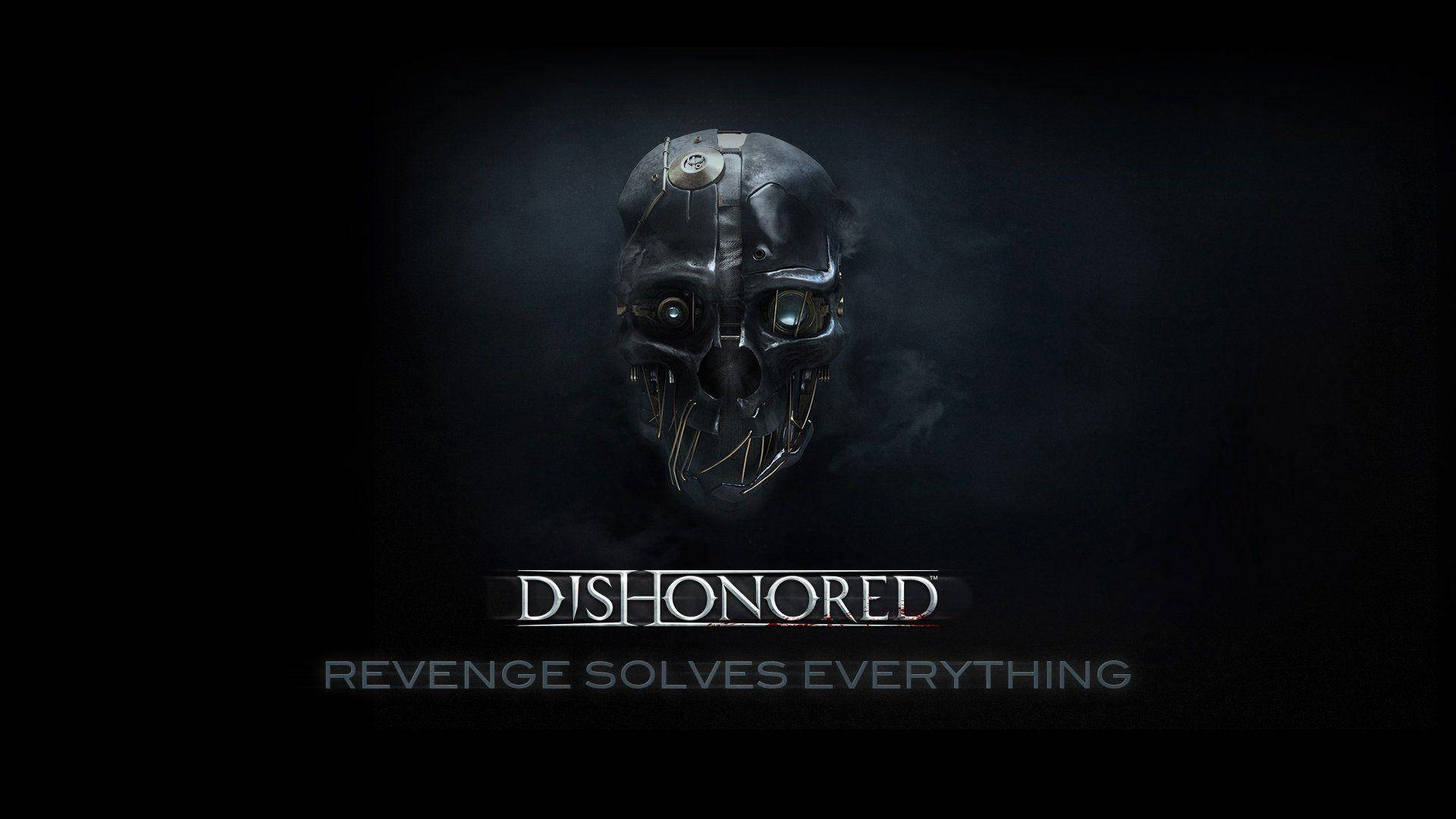 Dishonored 桌布 壁紙 — 一個帶有發光眼睛的威脅性金屬面具在黑色背景上的黑暗煙霧中懸浮，並帶有遊戲標題文字。