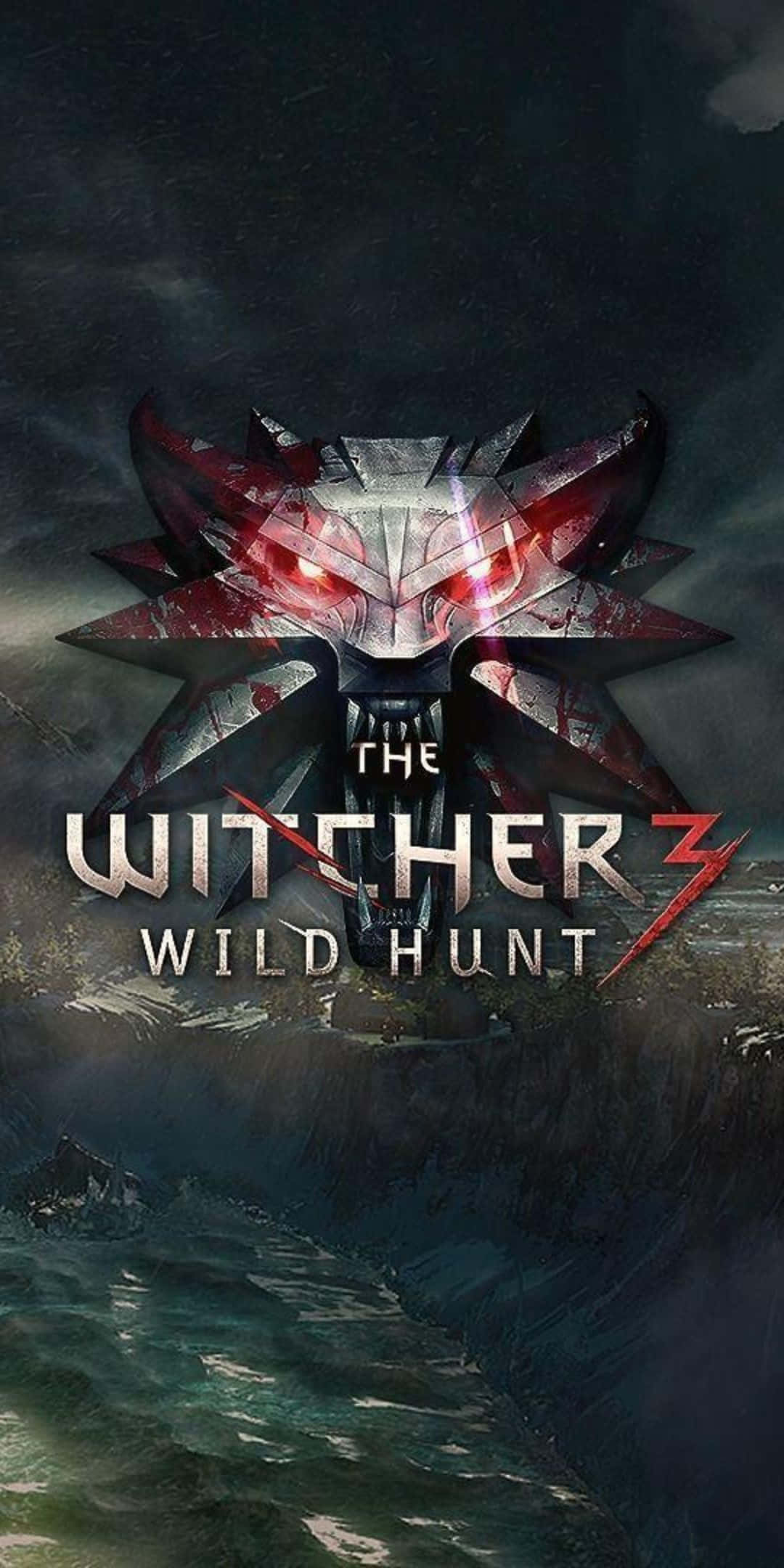 Pixel 3 The Witcher 3 桌布 壁紙 — 一個帶有發光眼睛的威脅性銀紅色狼頭在黑暗天空下的暴風雨水域上若隱若現。