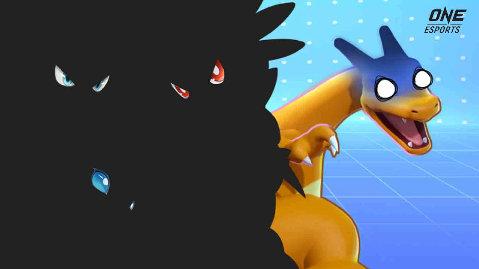 Charizard Pokemon 桌布 壁紙 — 一個帶有發光眼睛的威脅性陰影人物在數位網格背景中面對一隻快樂的黃色龍狀生物。