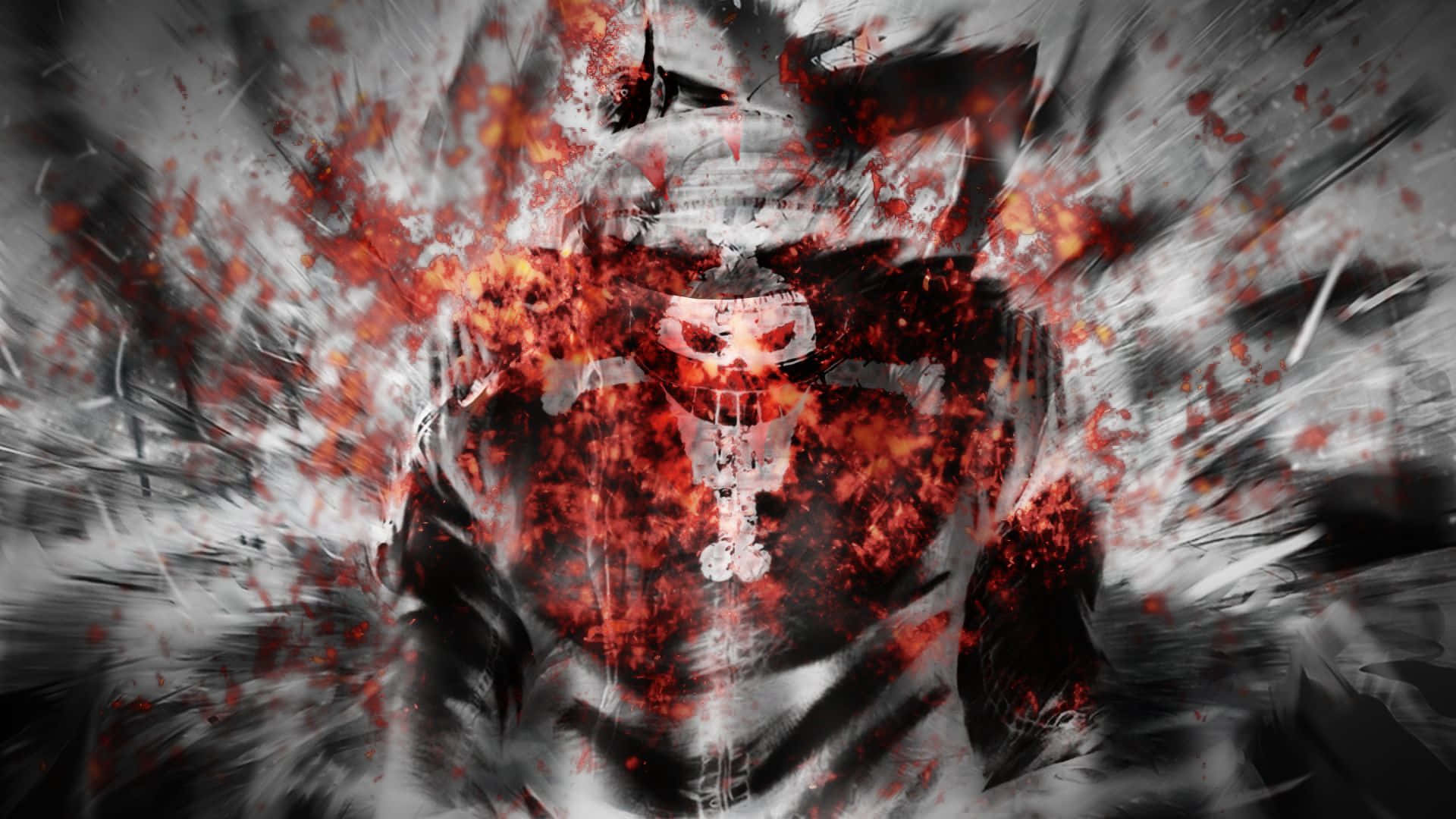Whitebeard 桌布 壁紙 — 一個帶有發光眼睛的威脅性頭骨，在黑暗背景上衝破紅色和灰色飛濺的風暴。