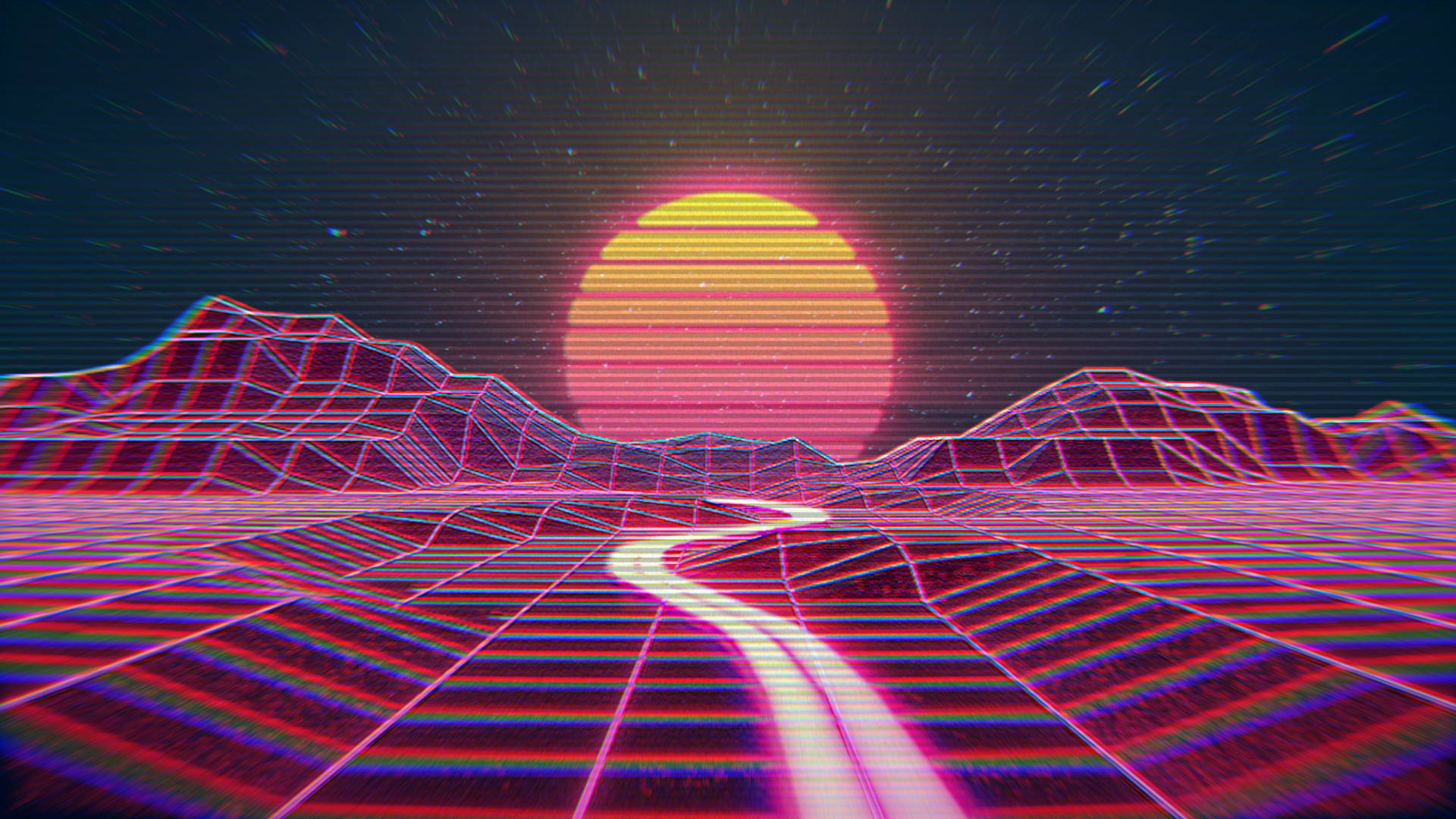 Outrun 桌布 壁紙 — 一個帶有發光粉紅色山脈和充滿活力的日落，在星空下帶有數位故障效果的霓虹網格景觀。