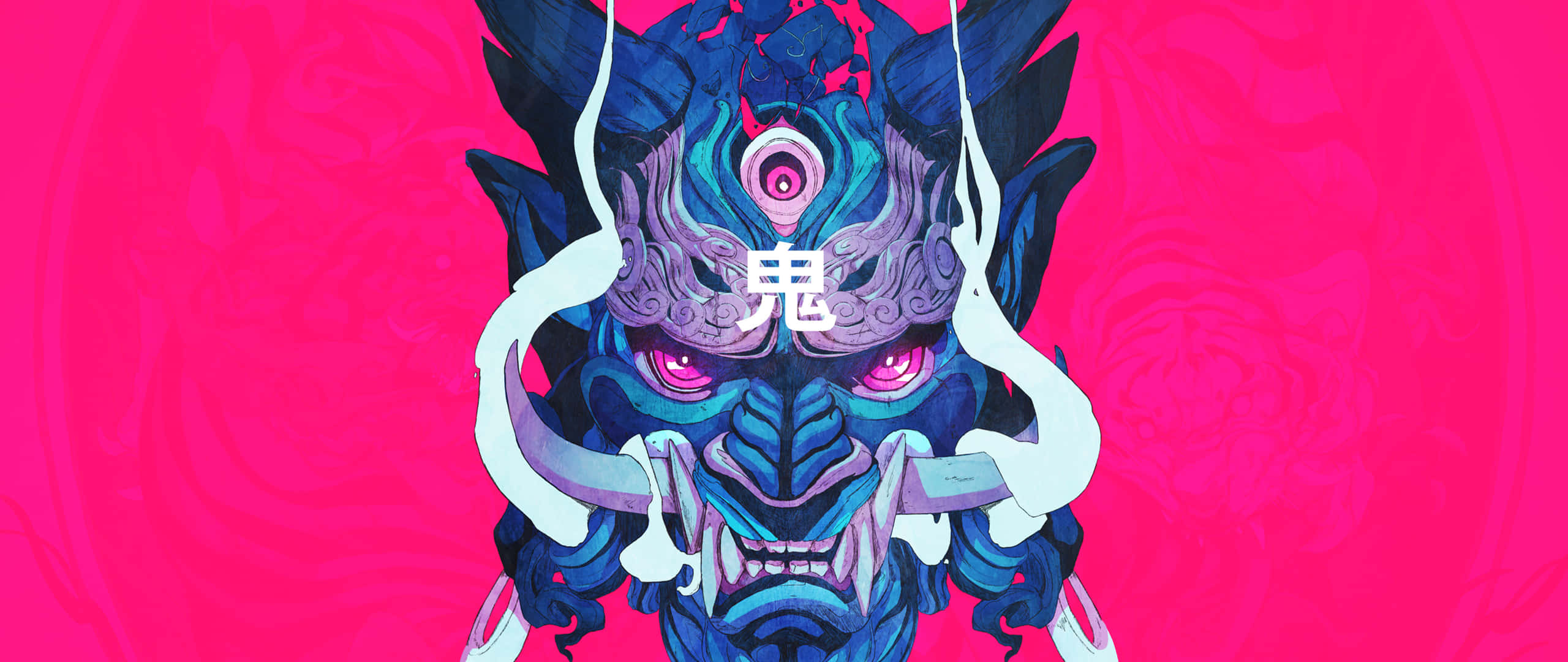 龍 桌布 壁紙 — 一個帶有發光粉紅色眼睛和旋轉煙霧的威脅性藍色鬼面具，背景是鮮豔的粉紅色。
