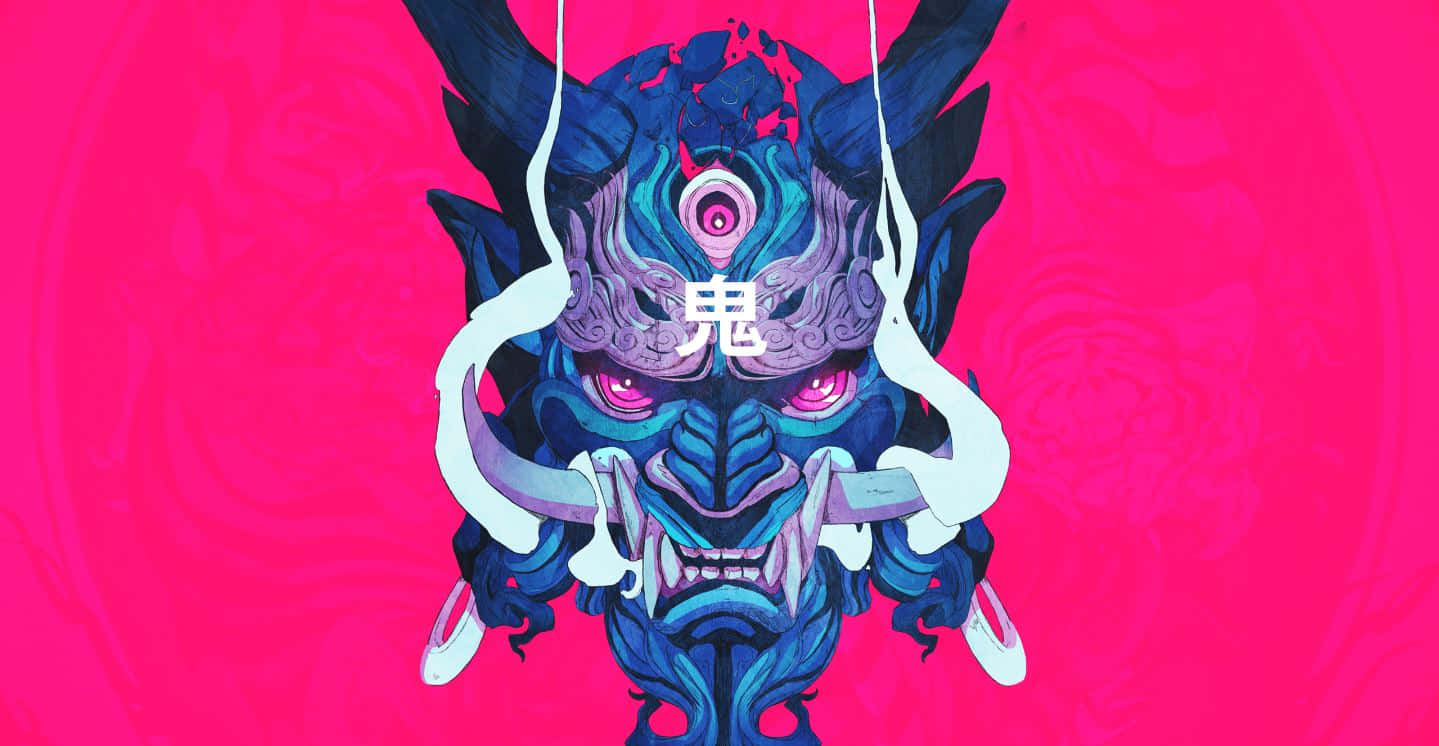 Tengu 桌布 壁紙 — 一個帶有發光粉紅色眼睛和角的威脅性藍紫色鬼面具，背景是鮮豔的粉紅色。