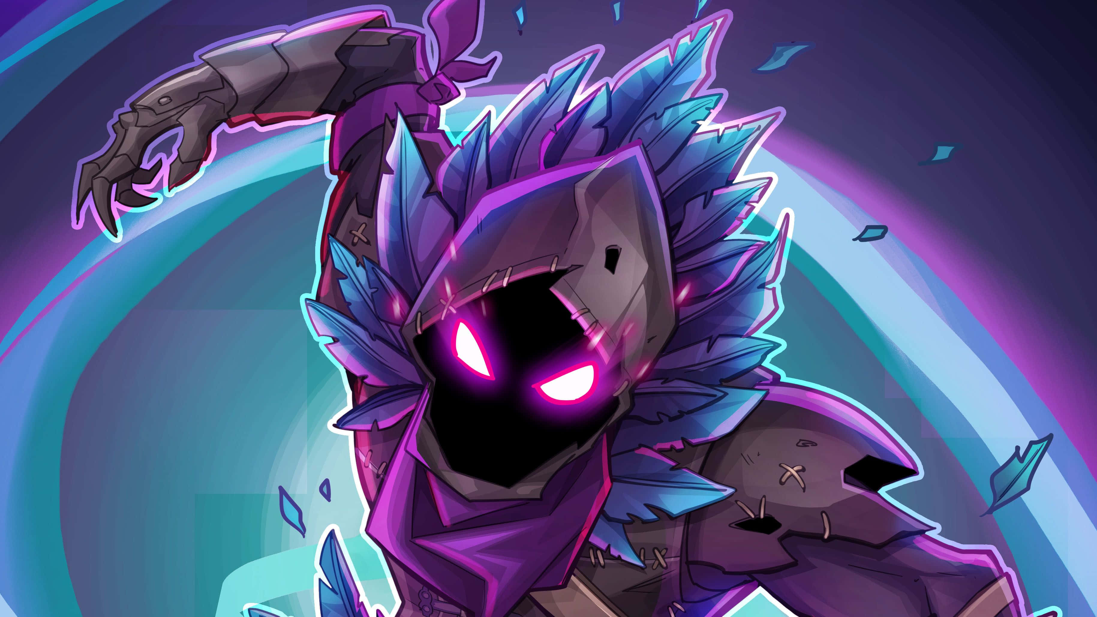 Fortnite Character 桌布 壁紙 — 一個帶有發光粉紅色眼睛和鋸齒狀藍色尖刺的威脅性裝甲人物，站在旋轉的紫色和藍綠色背景前。