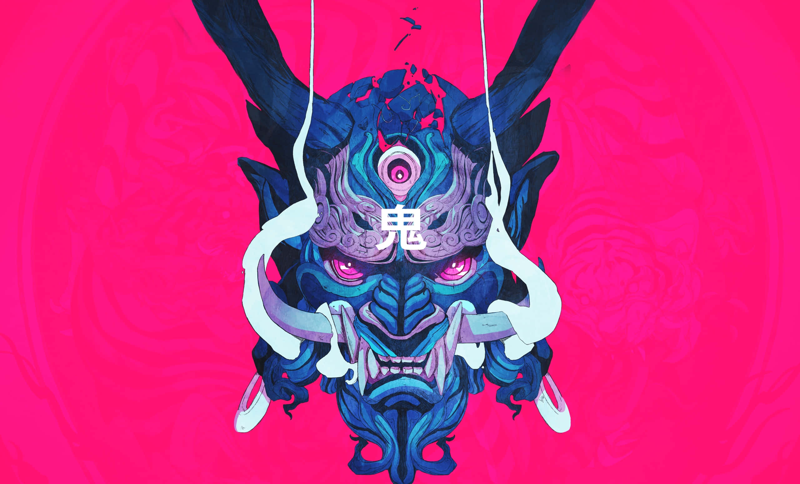 Yokai 桌布 壁紙 — 一個帶有發光粉紅色眼睛的威脅性藍色鬼面具，懸掛在帶有漩渦圖案的鮮豔粉紅色背景上。