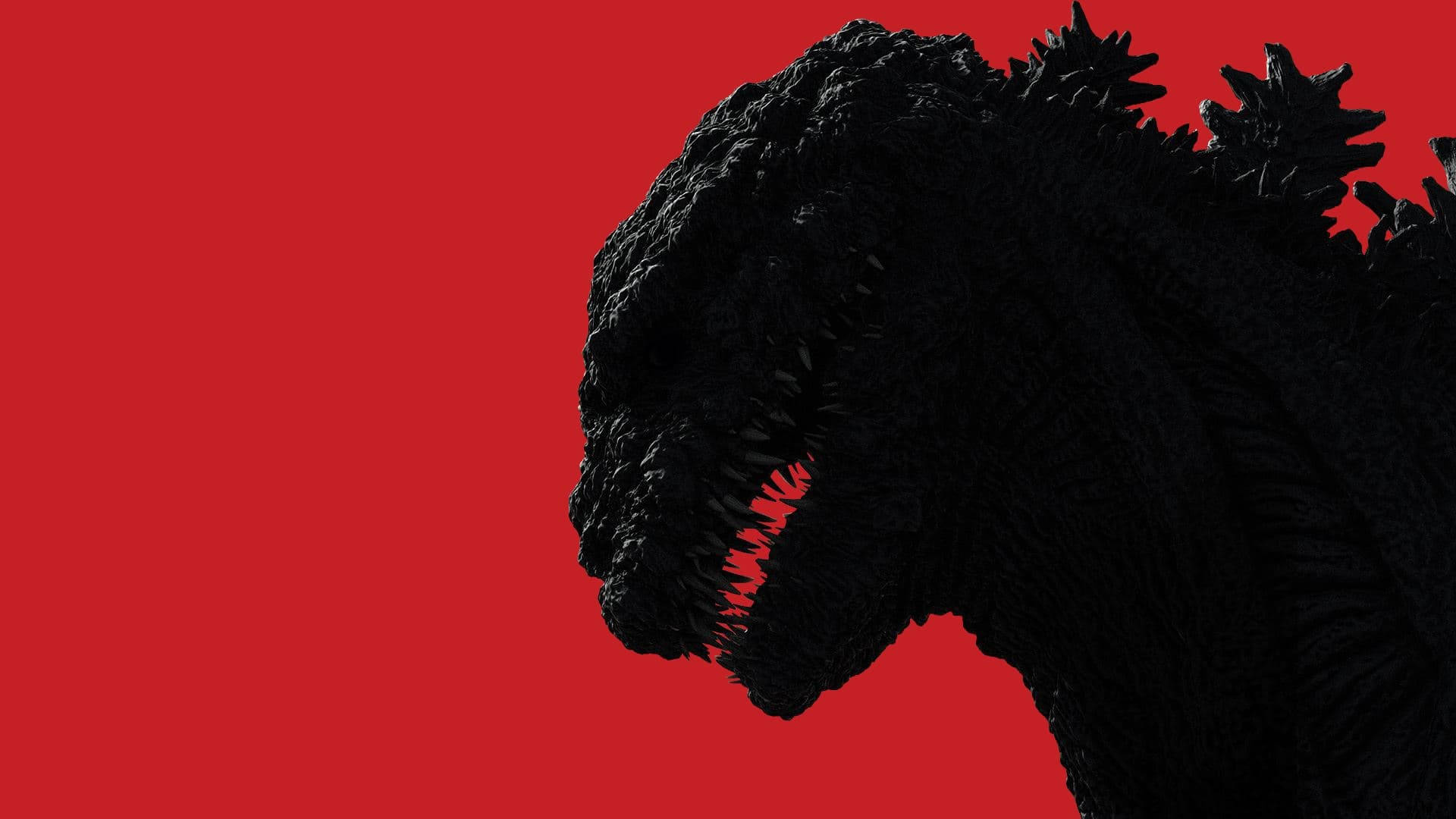 shin godzilla 桌布 壁紙 — 一個帶有發光紅口的威脅性黑色哥吉拉剪影，背景為純紅色。