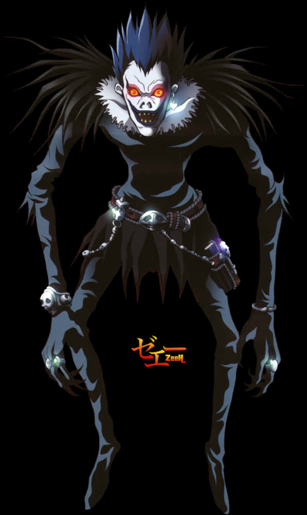 Death Note Ryuk 桌布 壁紙 — 一個帶有發光紅眼、尖刺藍髮和骷髏面孔的威嚇性動漫角色，站在黑色背景前。