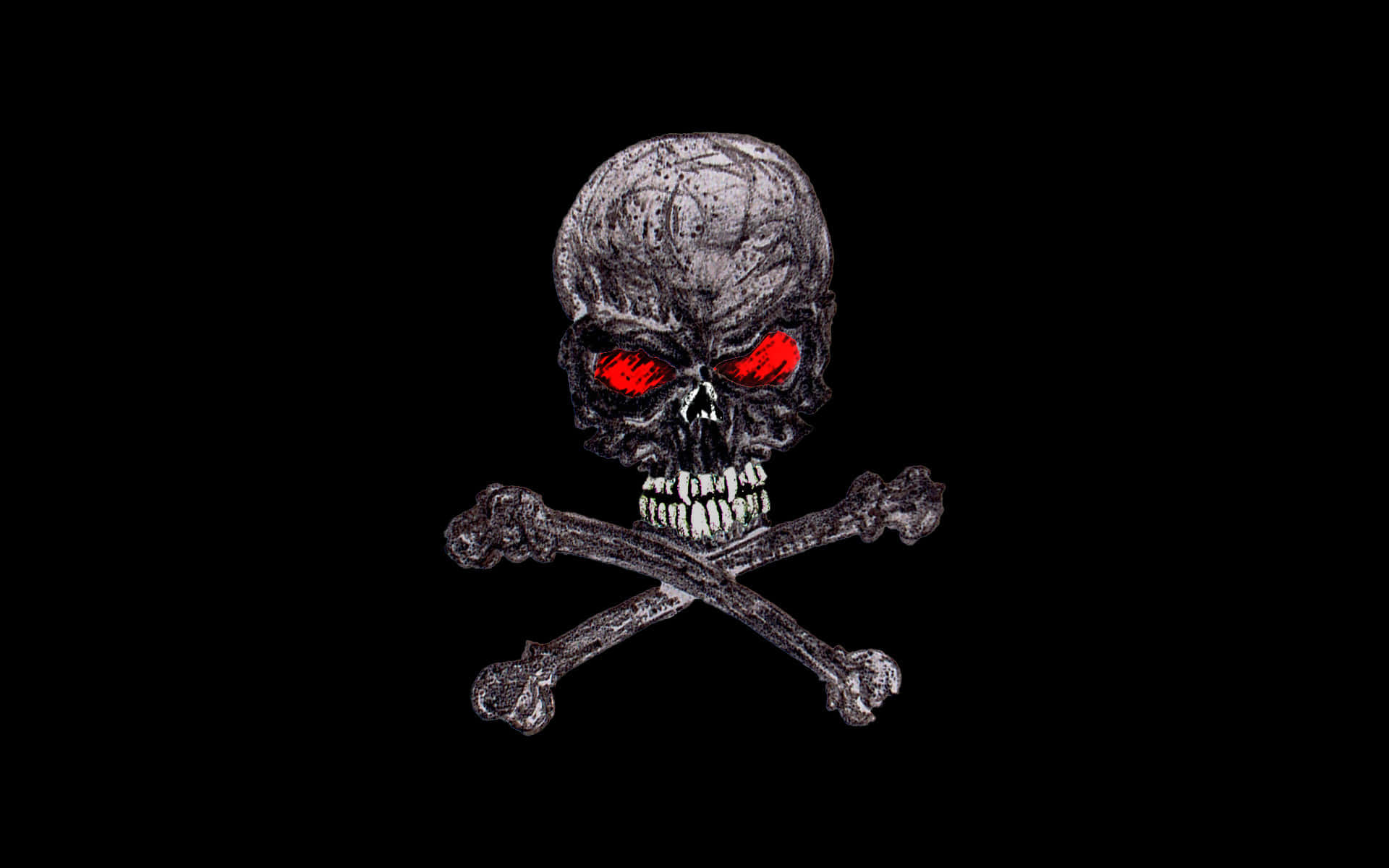 Skull And Crossbones 桌布 壁紙 — 一個帶有發光紅眼和交叉骨頭的威脅性骷髏頭，置於純黑色背景上。