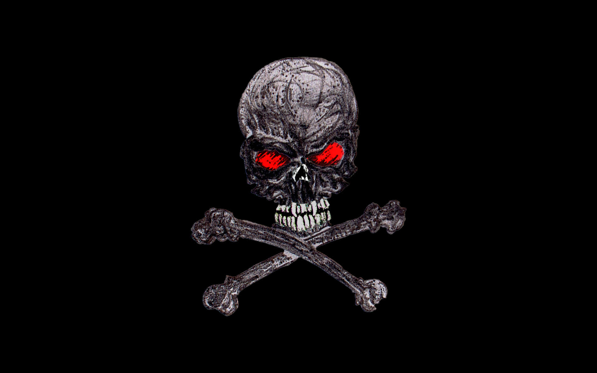 Black Skeleton 桌布 壁紙 — 一個帶有發光紅眼和交叉骨頭的威脅性骷髏頭，背景為純黑色。