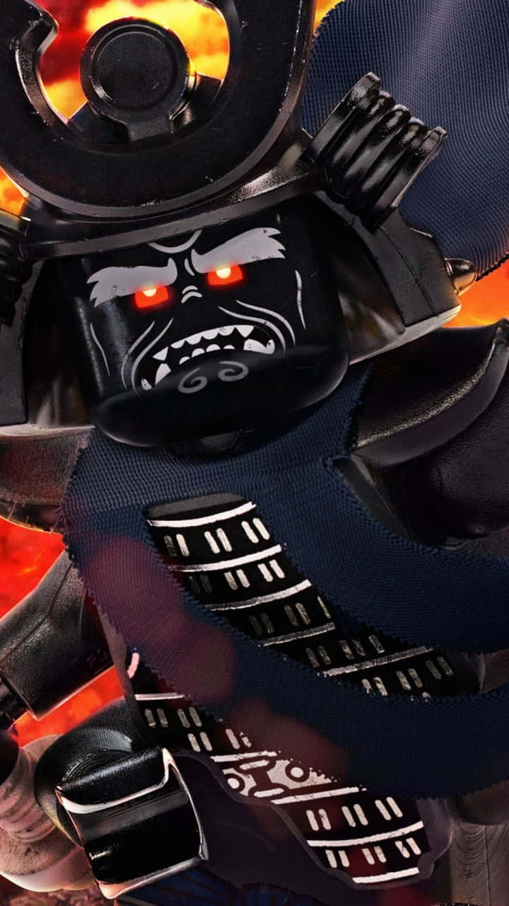 cartoons 桌布 壁紙 — 一個帶有發光紅眼和兇猛表情的威脅性LEGO迷你人偶，背景是火熱的橙色。