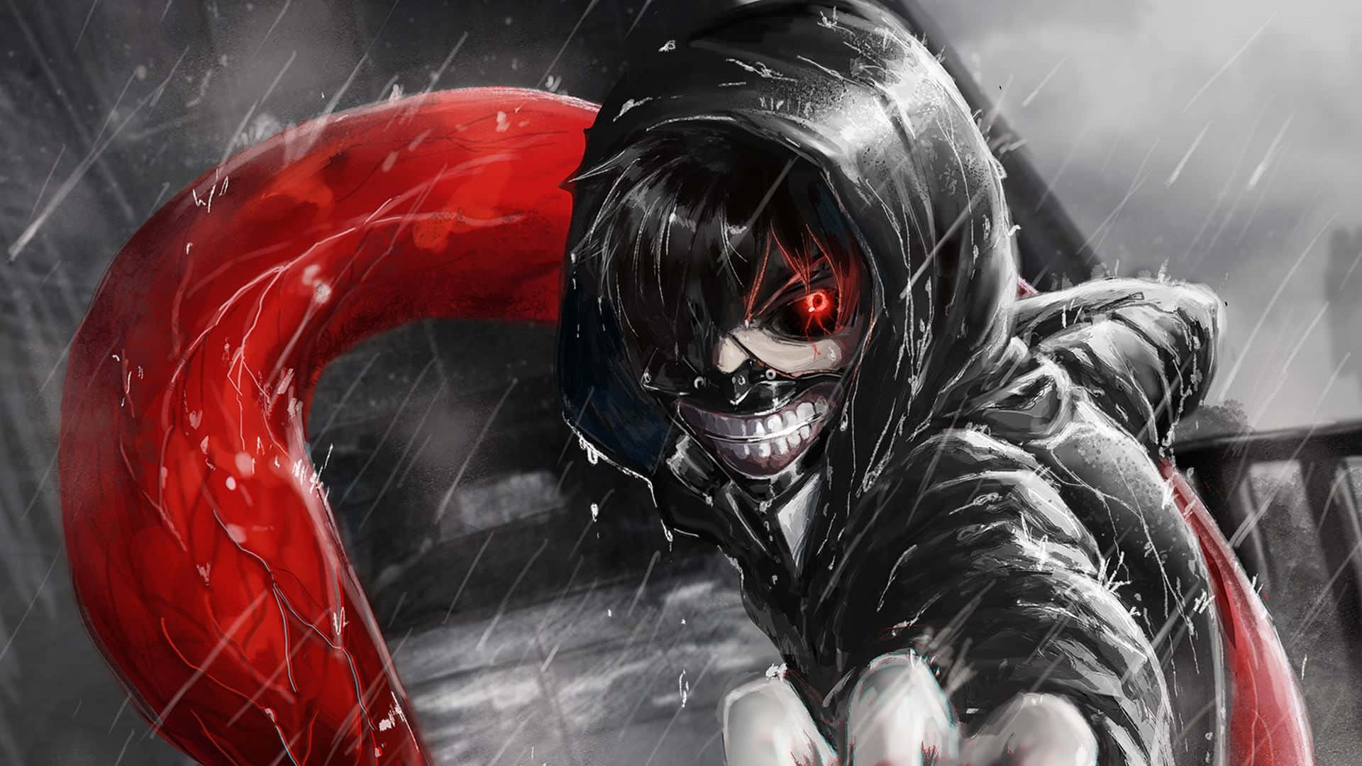 Horror Anime Boy 桌布 壁紙 — 一個帶有發光紅眼和咧嘴笑的可怖動漫角色站在傾盆大雨中，揮舞著一把巨大的紅色彎曲刀刃。