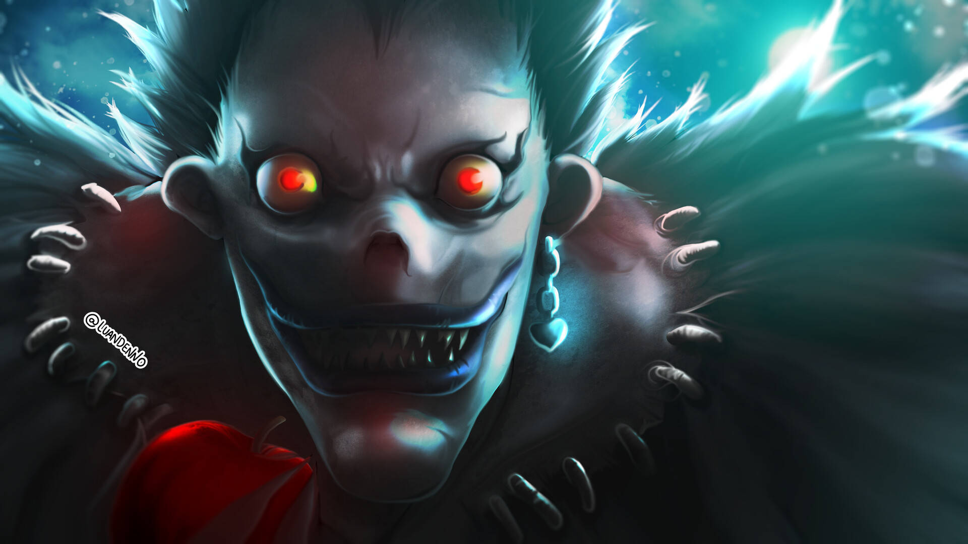 Ryuk 桌布 壁紙 — 一個帶有發光紅眼和咧嘴笑的可怖動漫角色，在宇宙藍綠色背景下強烈凝視。
