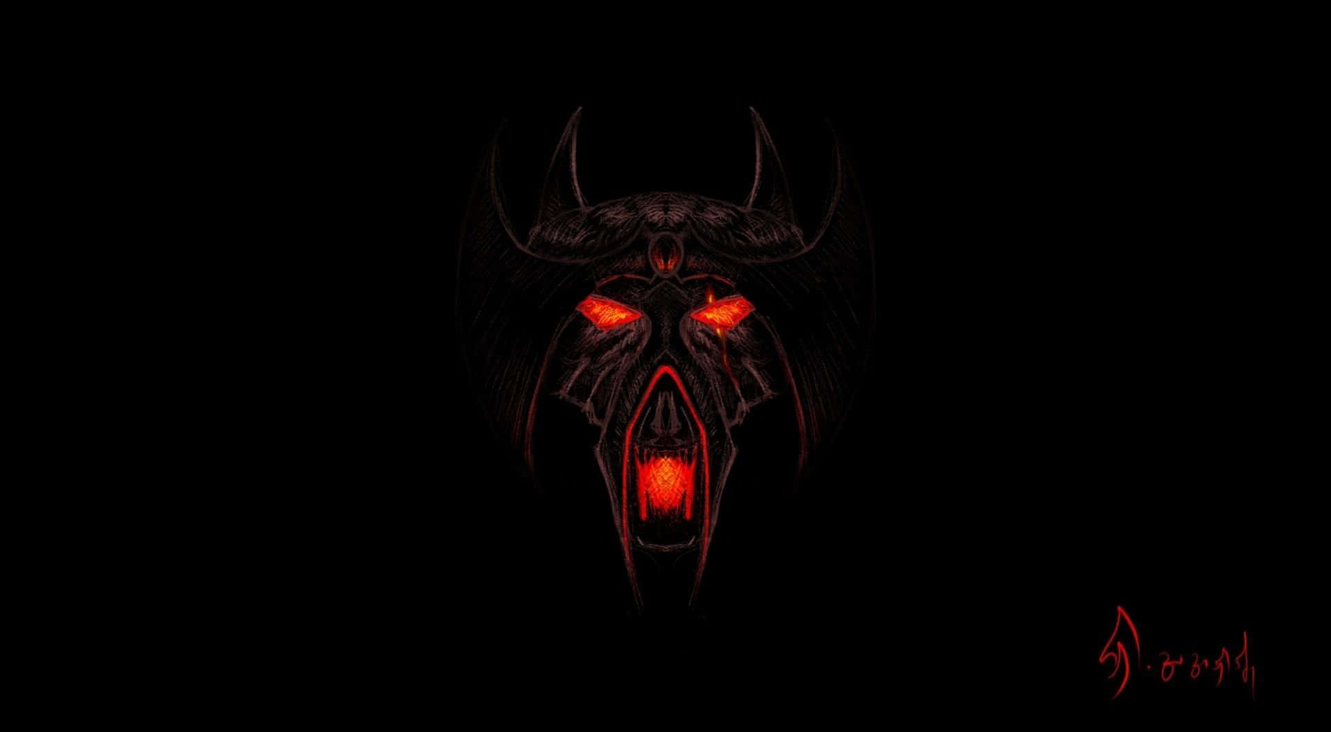 Devil Horns 桌布 壁紙 — 一個帶有發光紅眼和嘴巴的威脅性惡魔面孔，背景為漆黑一片。