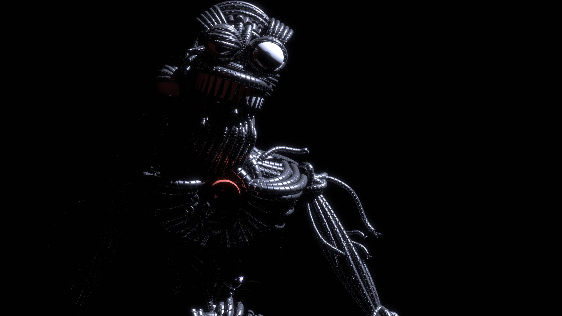Ennard 桌布 壁紙 — 一個帶有發光紅眼和嘴巴的威脅性黑色電子動畫人物站在黑暗中，其金屬線和關節被戲劇性的燈光照亮。