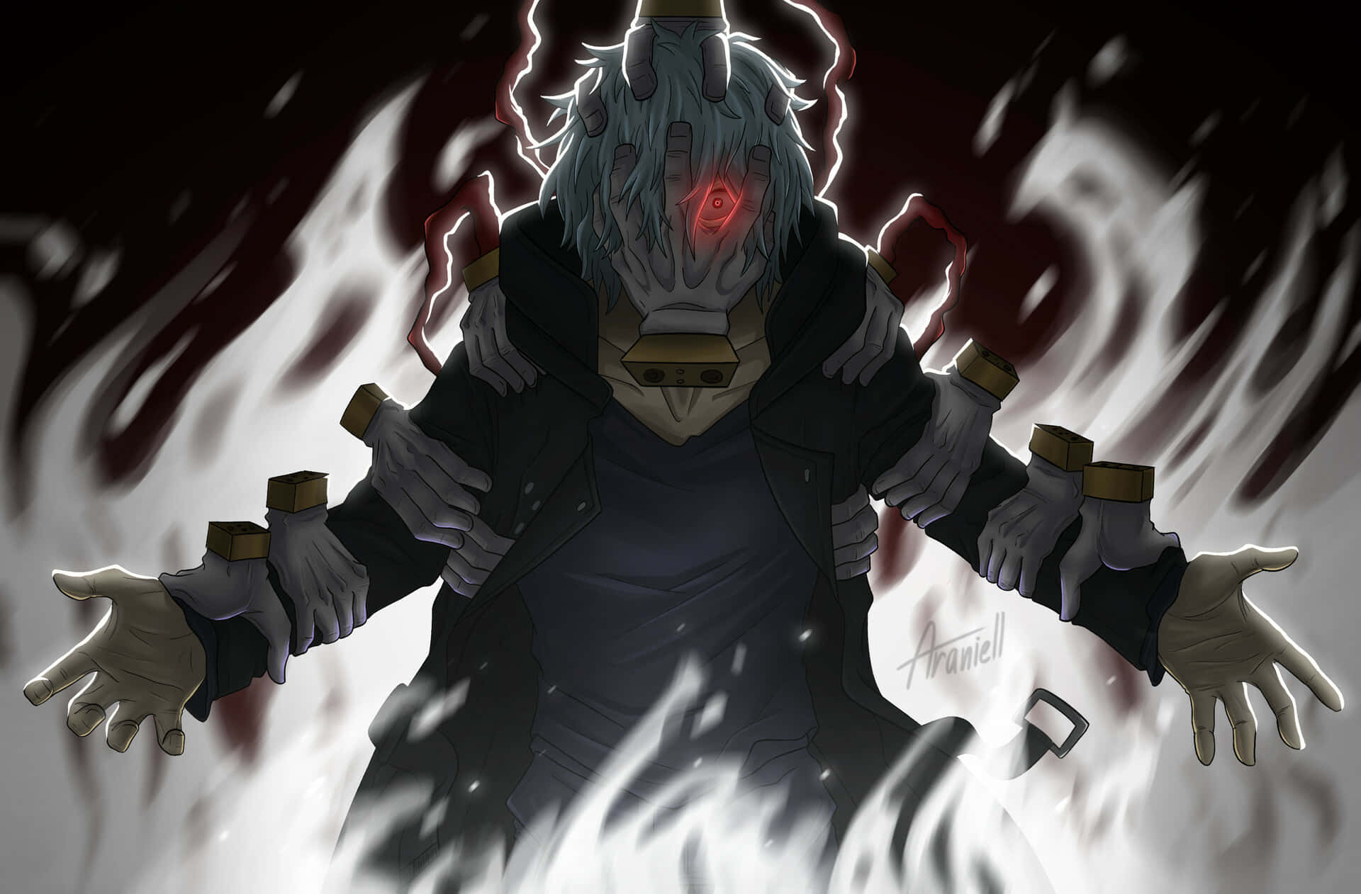 Tomura Shigaraki 桌布 壁紙 — 一個帶有發光紅眼和多臂的威脅性動漫角色從旋轉的黑暗煙霧中出現，背景是 stark 黑色。