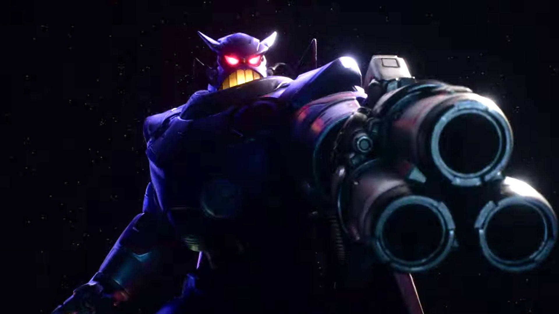 emperor zurg 桌布 壁紙 — 一個帶有發光紅眼和大型加農炮的紫色機器人，站在星空太空背景前。