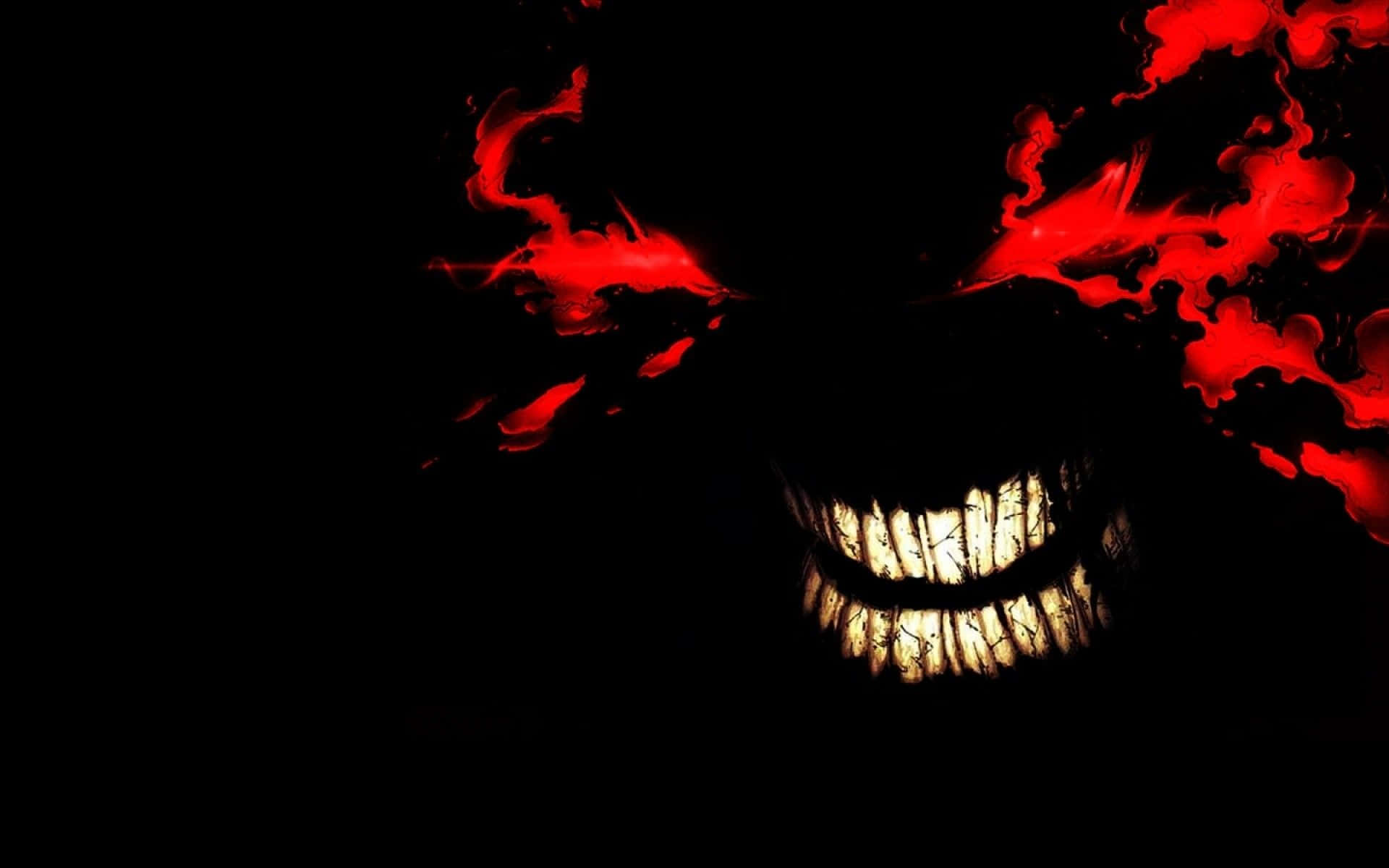 惡魔動圖 桌布 壁紙 — 一個帶有發光紅眼和寬闊露齒笑容的威脅性剪影，背景為黑色。