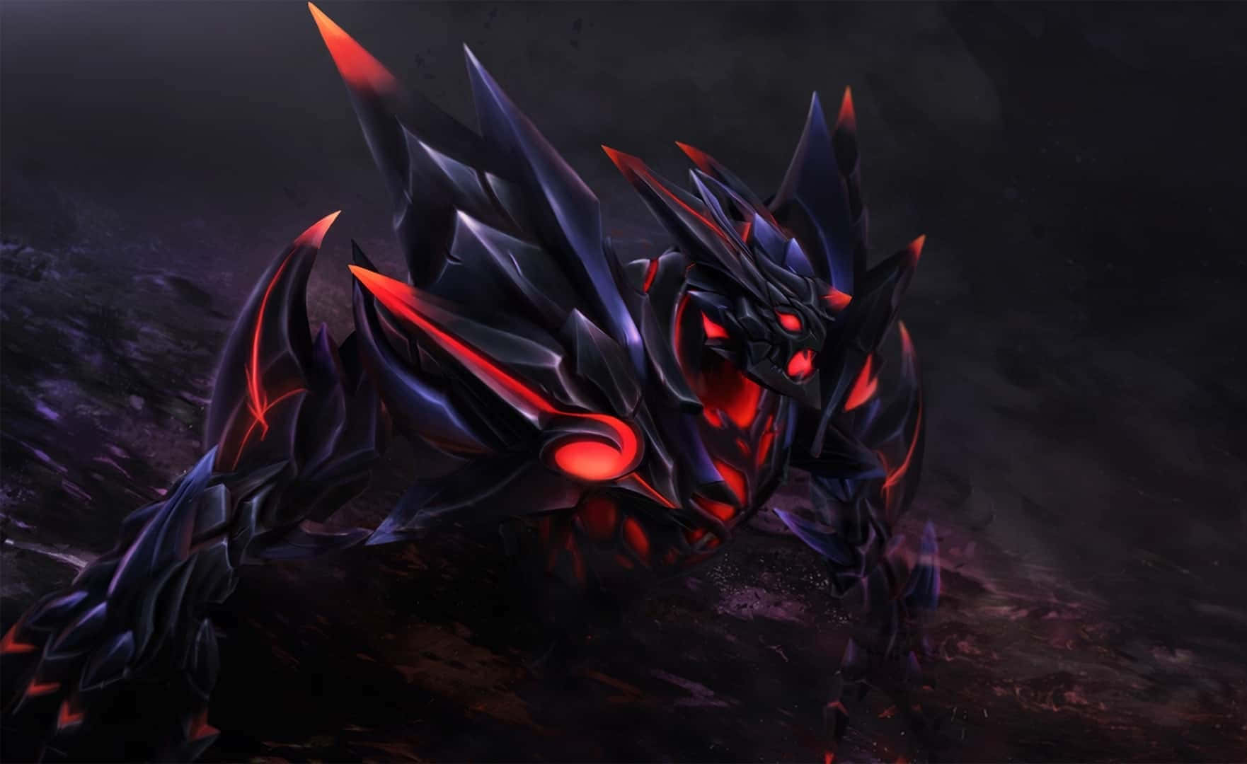 Shadow Fiend 桌布 壁紙 — 一個帶有發光紅眼和尖刺的威脅性黑色裝甲生物，蹲伏在黑暗、煙霧瀰漫的環境中。