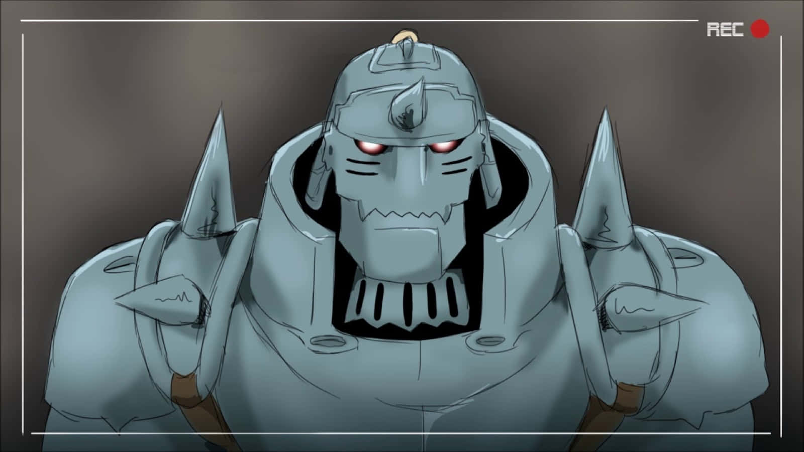 Alphonse Elric 桌布 壁紙 — 一個帶有發光紅眼和尖刺盔甲的威脅性動漫機器人，在柔和的灰色背景下強烈凝視。