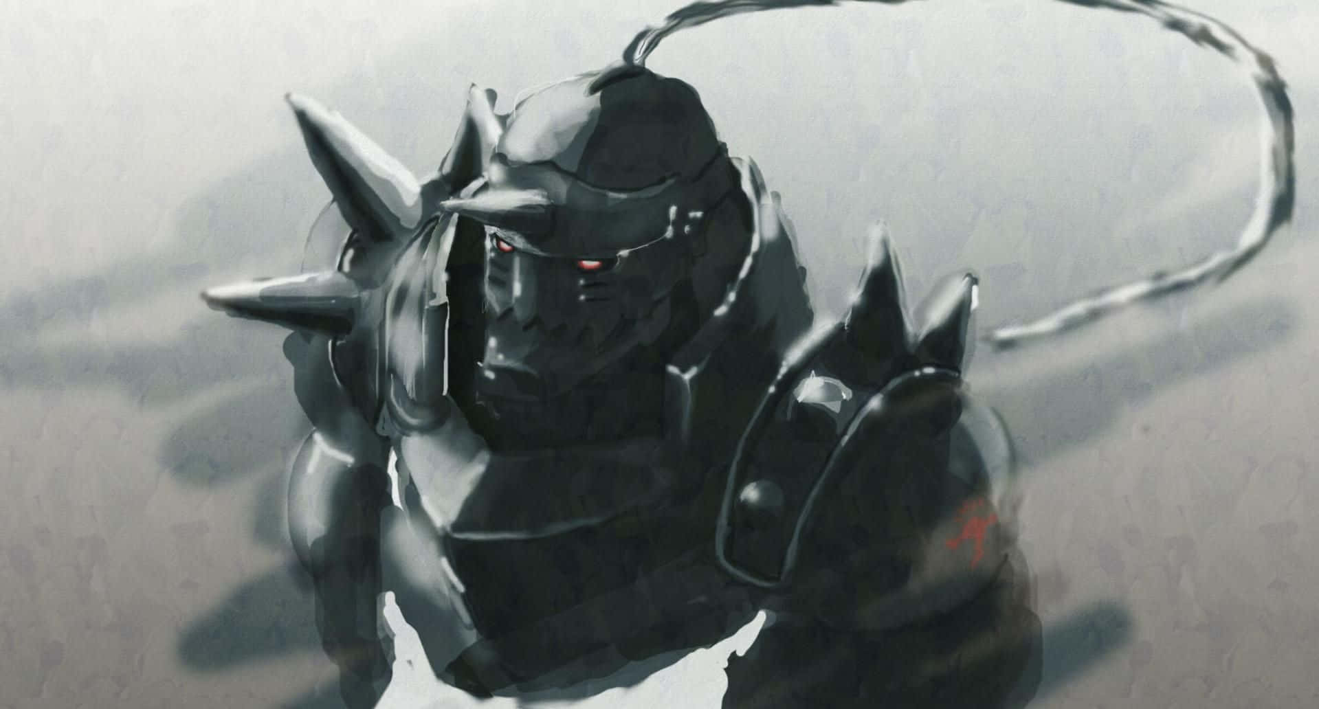 Alphonse Elric 桌布 壁紙 — 一個帶有發光紅眼和尖刺肩膀的威脅性黑色裝甲機器人，站立在單色環境中。