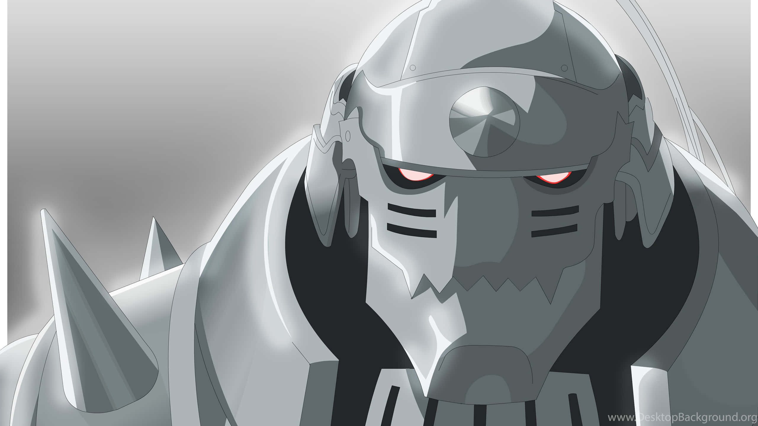 Alphonse Elric 桌布 壁紙 — 一個帶有發光紅眼和尖刺裝甲的威脅性銀色機器人，在灰色漸變背景前強烈凝視。