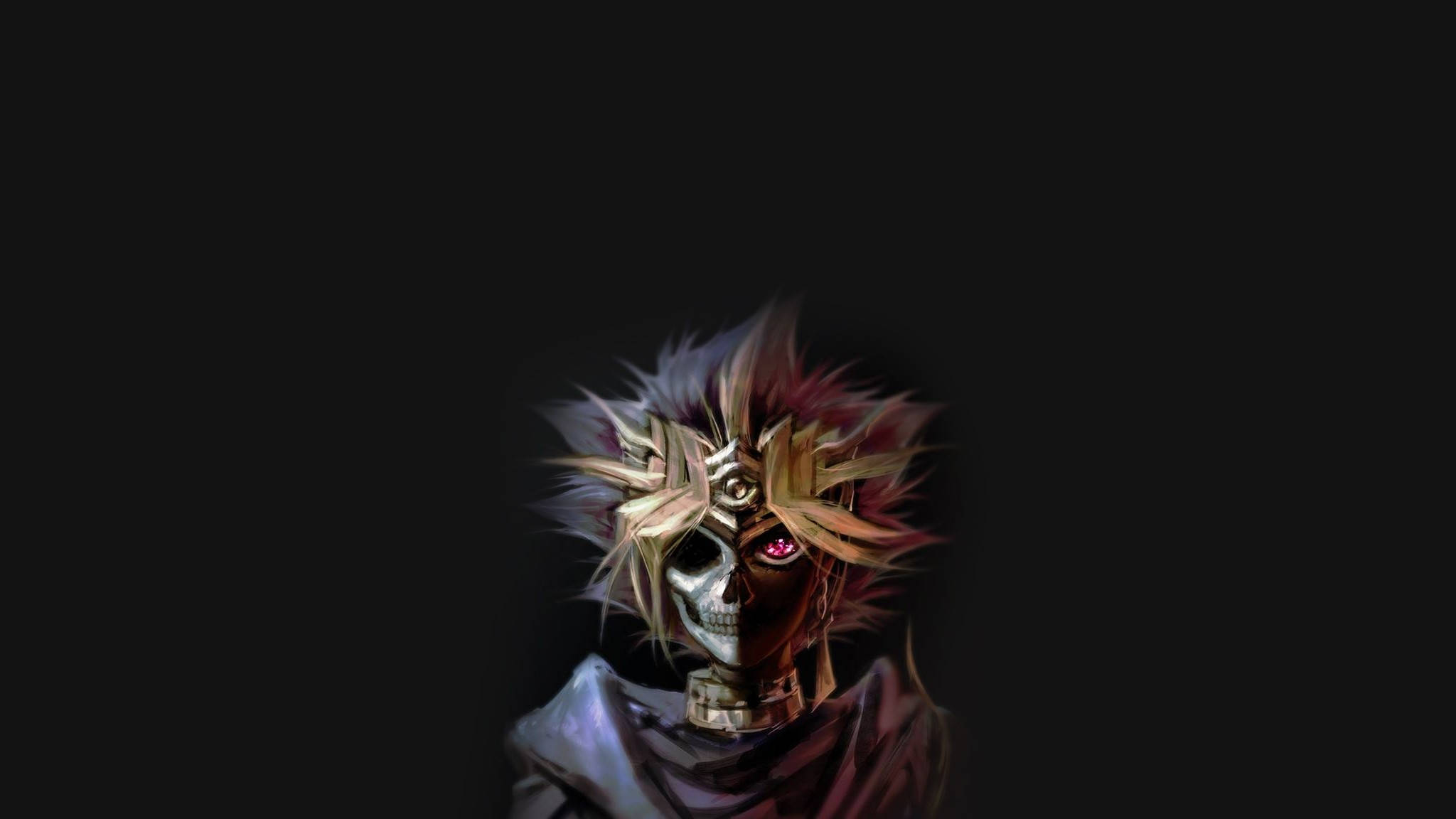 Yugioh 桌布 壁紙 — 一個帶有發光紅眼和尖刺金髮的威脅性動漫頭骨，背景為黑色。