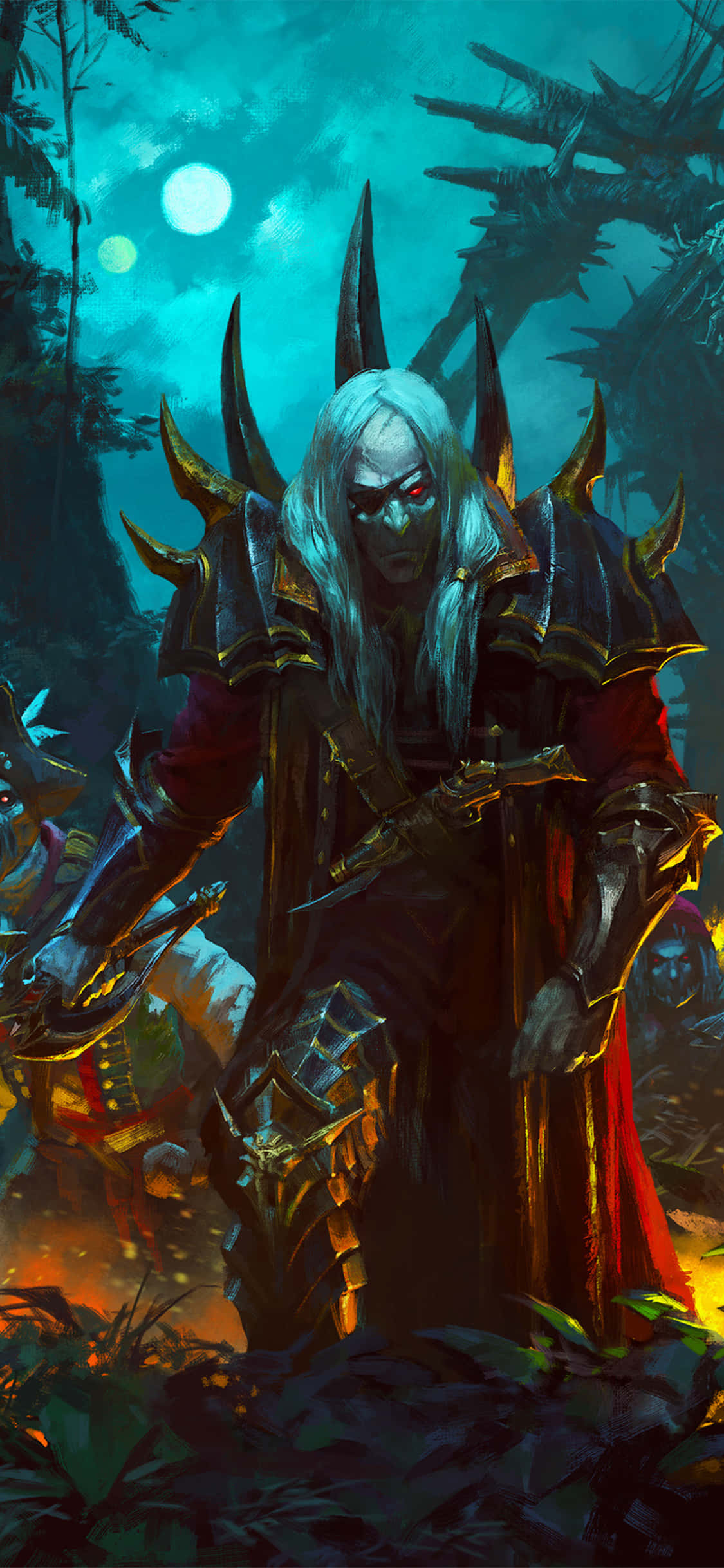 iPhone X Total War Warhammer 桌布 壁紙 — 一個帶有發光紅眼和尖刺頭盔的威脅性裝甲戰士，站在發光月亮下的黑暗森林中。