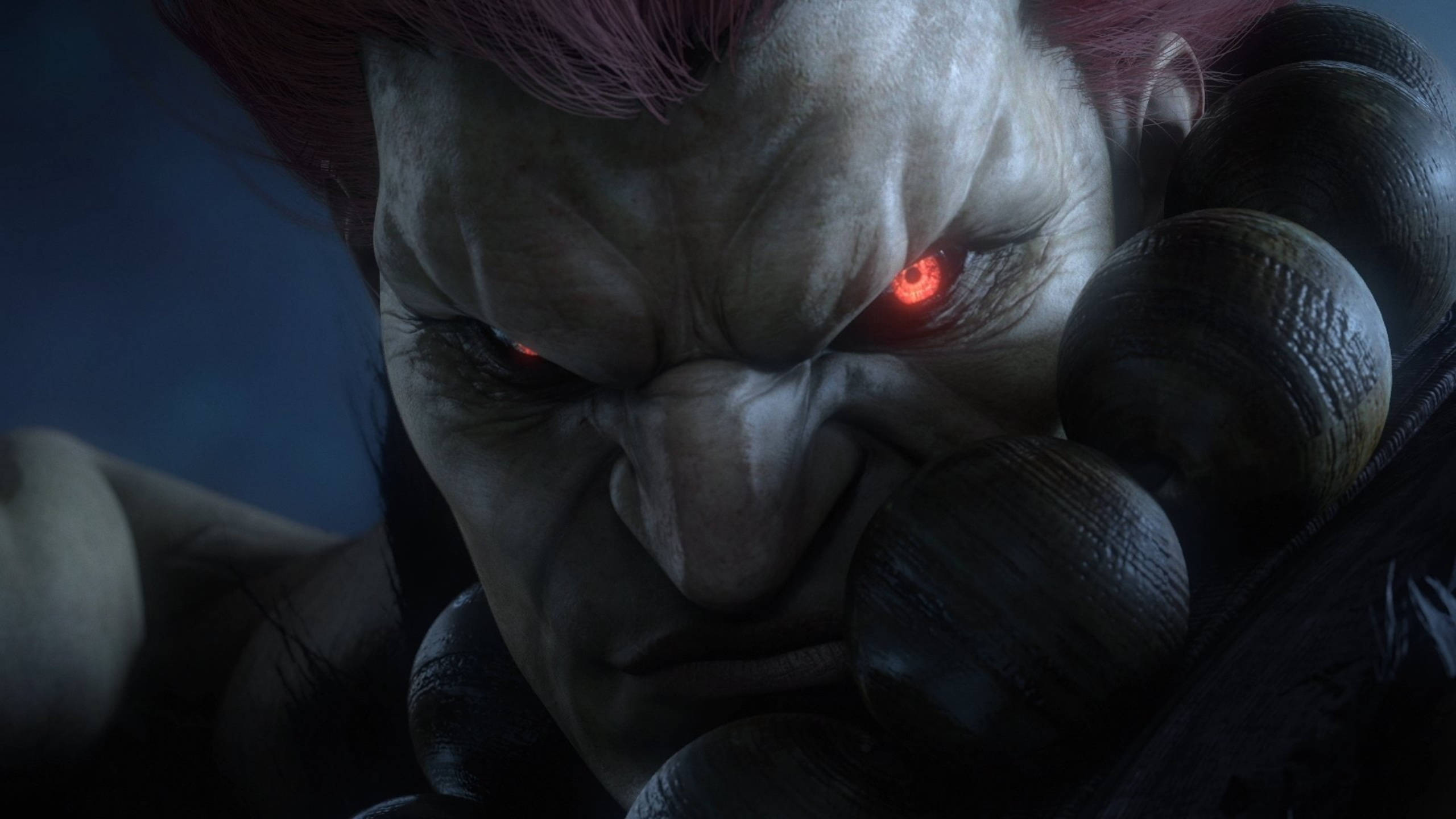 Tekken 桌布 壁紙 — 一個帶有發光紅眼和尖刺頭髮的威脅性動漫戰士，在黑暗而強烈的特寫中緊握武器。