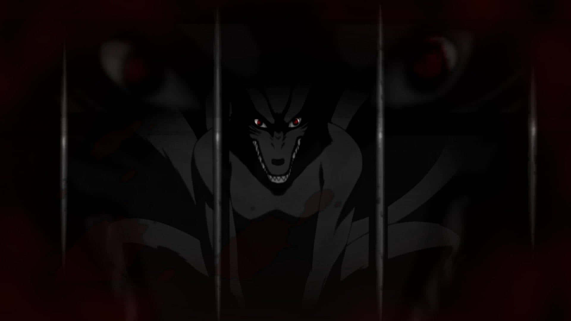 Naruto Black 桌布 壁紙 — 一個帶有發光紅眼和尖牙的威脅性動漫惡魔，在血紅色背景前透過黑暗的鐵欄杆窺視。