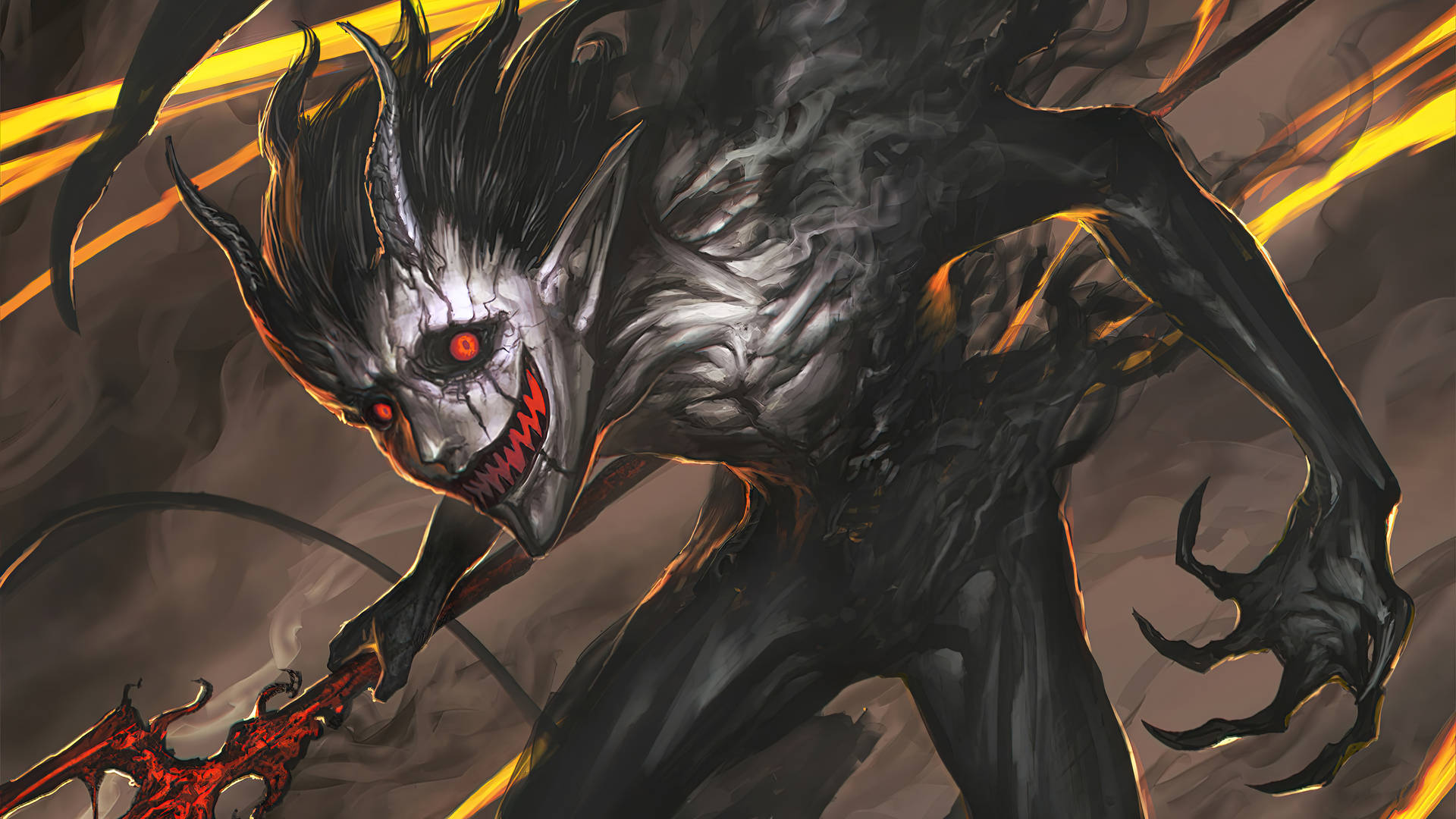 惡魔 桌布 壁紙 — 一個帶有發光紅眼和尖牙的威脅性惡魔生物，在熾熱的金色背景前向前猛撲。
