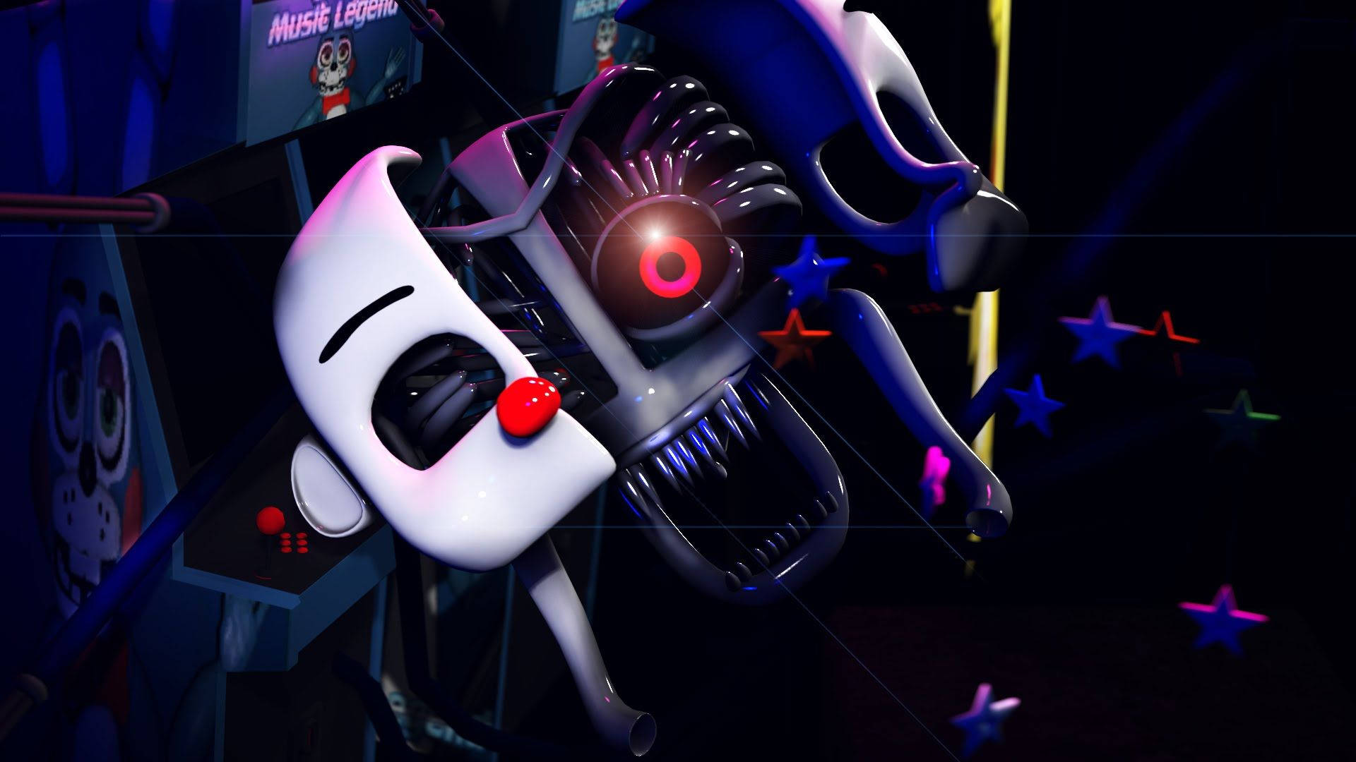 Ennard 桌布 壁紙 — 一個帶有發光紅眼和尖牙的威脅性電子動畫在黑暗的街機廳中若隱若現，被霓虹星和藍光照亮。