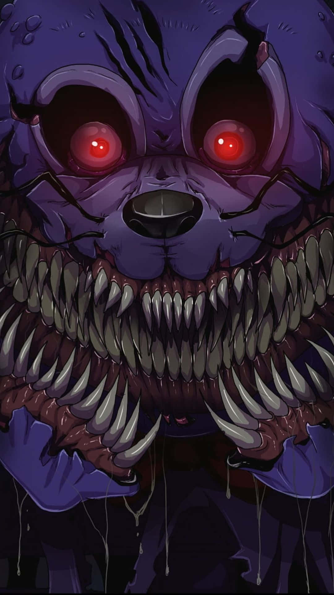 Scary Fnaf 桌布 壁紙 — 一個帶有發光紅眼和尖牙的紫色怪物，在黑暗背景上滴落黑色液體。