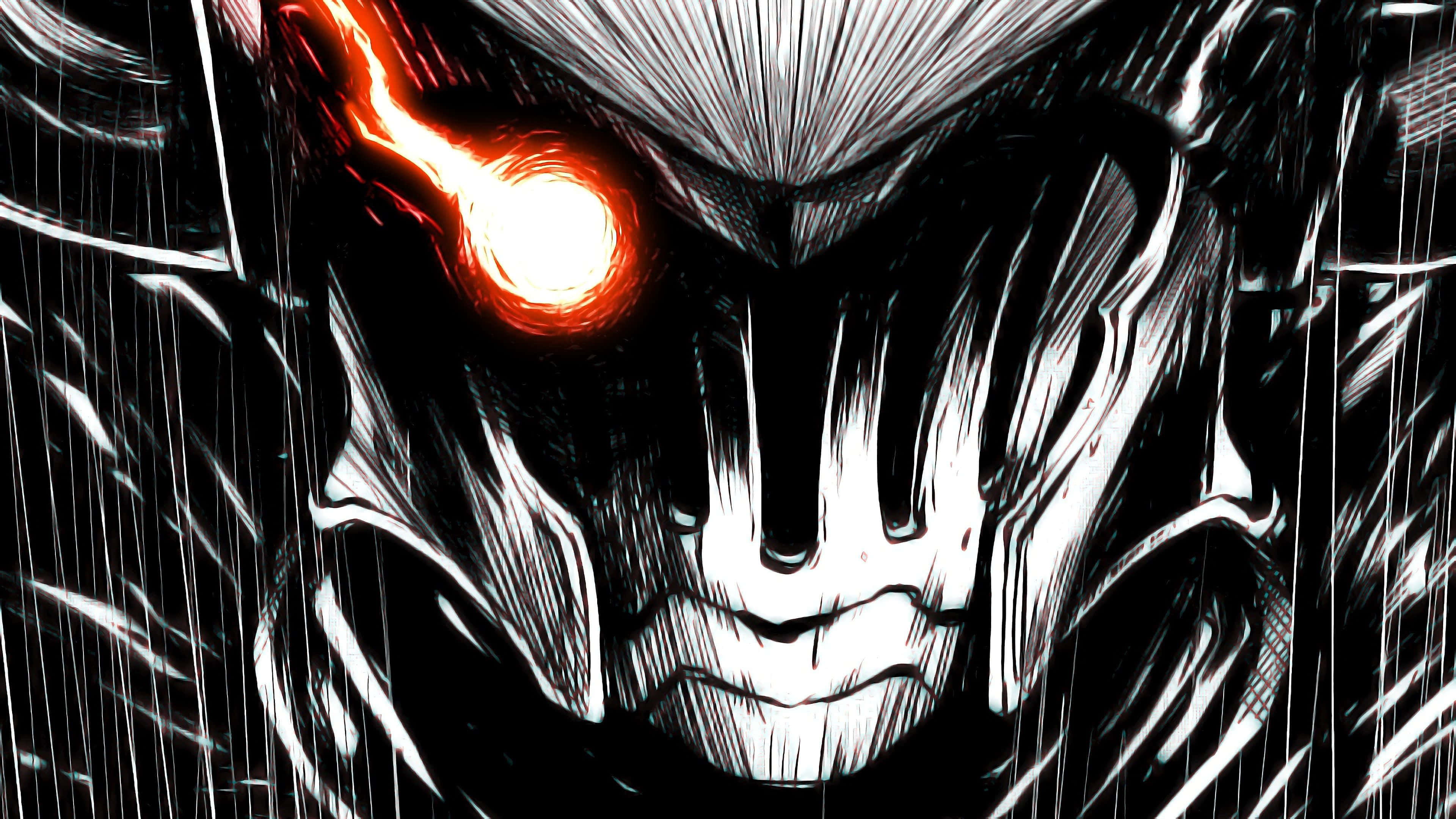 Goblin Slayer 桌布 壁紙 — 一個帶有發光紅眼和尖銳棱角特徵的威脅性動畫反派，透過雨絲凝視著。