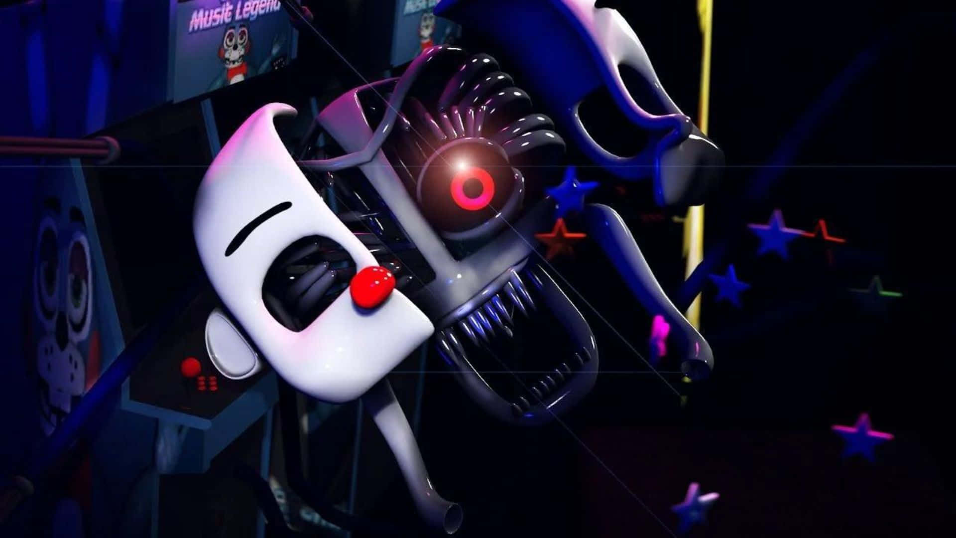 Scary Fnaf 桌布 壁紙 — 一個帶有發光紅眼和尖銳牙齒的威脅性機械電子動畫，在一個由霓虹星和藍色燈光照亮的黑暗舞台上若隱若現。
